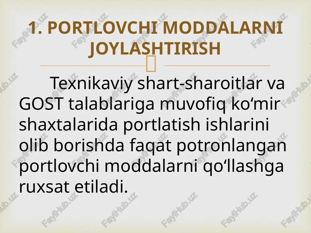 lovchi modda nomi yoki markasi, chiqarilgan partiya nomeri, tayyorlangan oy, sana, yil, patronning og‘irligi va uning nomeri yozib qo‘yiladi.  barcha portlovchi moddalar joylashtirilgan pachkalar namlikdan izolatsiyalovchi 20–30% li petrolatum va parafin aralashmali tarkib bilan qoplanadi. so‘ng qalinligi 100–150 mm bo‘lgan polietilen qopga joylashtiriladi. qopning choklari va og‘zi germetik yopiq bo‘lishi kerak. portlovchi modda pachkalari solingan polietilen qoplar yog‘och yashiklarga joylashtiriladi. har bir yashikdagi portlovchi moddalar massasi patronlar massasi 200–250 g bo‘lganda 30 kg, massasi 300 g bo‘lganda 33 kg bo‘lishi kerak.  kafolatlangan foydalanish muddati uch oy bo‘lgan portlovchi moddalarda namlik miqdorining ortishiga yo‘l qo‘yiladi. bunday namlik miqdorining yer osti portlatish ishlarida qo‘llaniladigan ammiak-selitrali portlovchi moddalar uchun 0,5% gacha ortishiga yo‘l qo‘yiladi. tarkibida nitroefirlar bo‘lgan detonitlar, uglenitlar namlik miqdorining 0,75% gacha ortishiga ruxsat etiladi. zavoddan ishlab chiqarilgan kunidan boshlab, kafolatlangan muddati saqlagichli portlovchi moddalar uchun kamida 6 oy belgilangan bo‘lsa, saqlagichsiz portlovchi moddalar uchun kamida 12 oy deb belgilangan. …