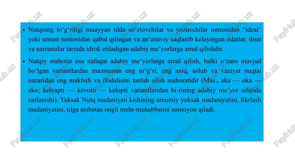 gʻdoy soʻzing boʻlsin", "oʻynab gapirsang ham oʻylab gapir", "har neni yemak — hayvonning ishi, har neni demak — nodonning ishi" kabi maqol va hikmatli soʻzlarning paydo boʻlishi ham oʻzbek xalqida nutq madaniyatiga avvaldan eʼtibor kuchli boʻlganidan darak beradi. nutq odobi – nutqiy muloqot qoidalari, tamoyillari va shakllarining yigʻindisi, muomala madaniyati sinonimi, ijtimoiy faoliyat sohalari bilan bogʻliq madaniy meʼyorlar majmui. nutq odobi qator talablarga javob berishi kerak. ijobiy natijaga yoʻnalganlik, nizo va bahsli holatlarni yechishga intilish, kelishish, bitimga erishishga harakat qilish nutq odobining ijobiy uslubidir. nutq odobiga rioya qilmaslik salbiy jihat boʻlib, bunday muloqot nizoga, tarafkashlikka, shaxslararo ziddiyatga olib kelishi mumkin. ishga aloqador muloqotda obyektiv mezonlar asosida masalani baholash, vaziyatni xolis ekspertiza qilish, xulosani aniq ifodalash, tenglik, murosasozlik tamoyillaridan kelib chiqish, oʻz shaxsiy fikriga qarshi tomonning huquqini tan olish muhim ahamiyat kasb etadi. nutq odobida suhbat, muzokara, muloqotning muayyan texnologiyasi (yoʻrigʻi) mavjud. u tanishish, murojaat qilish, salomlashish, xayrlashishning muayyan shakli bilan …