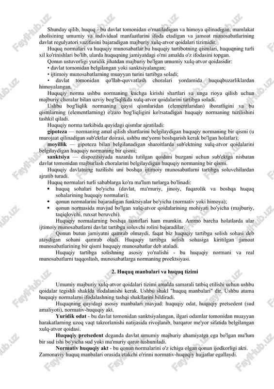 ing qonun ijodkorligi va hokimiyat faoliyatisiz ular jamoat munosabatlarini tartibga soluvchi rasmiy shaklga ega bo'lolmaydilar. boshqa tomondan, huquq normalarida davlat o'z huquqiy shaklini oladi, uning faoliyati faqat huquqiy normalar asosida amalga oshiriladi. bir ma'noda, huquqiy normalar hech qachon to'liq oshkora va tortishuvsiz bo'lmaydi. agar me'yorlar o'rnatilishidan oldin ham shunday bo'lishi talab etilsa, insoniyat jamiyati umuman mavjud bo'lolmas edi. normalar ularni qabul qilish paytida aniq manfaatlarni aks ettiradi. yangi muammolarga duch kelganda, odamlar normani qabul qilishda ilgari hisobga olinmagan qadamlarni tashlashlari mumkin. shuning uchun uning mazmuni doimiy ravishda rivojlanib, yangi qiziqish va qadriyatlarga moslashadi. huquqdagi tushunchalar hayotning o'zi o'zgaruvchan bo'lgani kabi suyuq bo'lib chiqadi. qonun quyidagi rasmiy xususiyatlar bilan tavsiflanadi: • huquqiy normalar davlat tomonidan rasmiy hujjatlarda belgilanadi; • zarurat bo'lganda, huquqiy normalar davlat apparati kuchi bilan amalga oshiriladi; • huquq - bu ma'lum bir davlat hududida yashovchi barcha aholi uchun majburiy bo'lgan yagona normalar tizimi; • huquq fuqarolarning va davlatning …