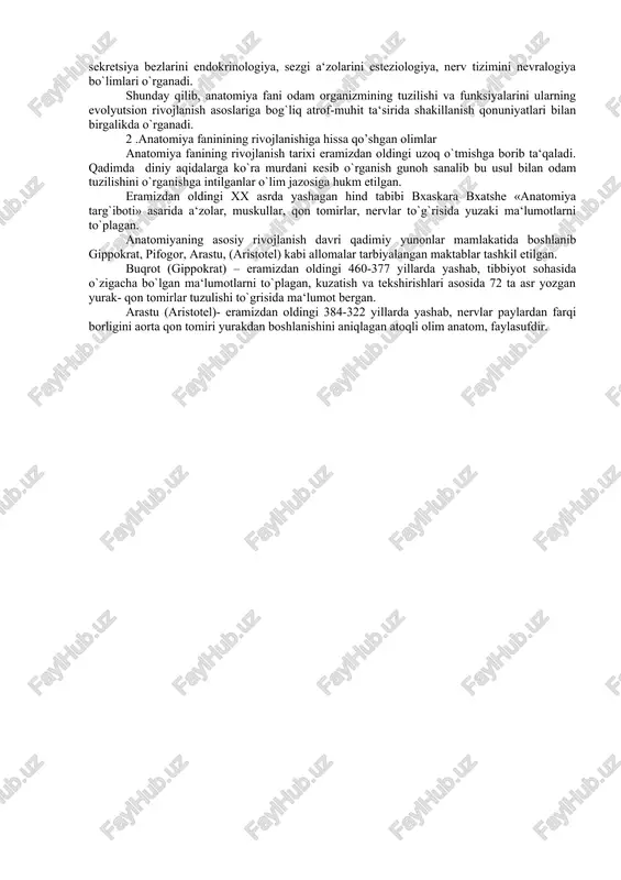 idan boshlab, tohayotining oxirigacha bo'lgan davrni o'rganadi. solishtirma anatomiya - odam organizmining hayvonlar organizmidan tubdan farq qilishi odamning evolyutsion taraqiyoti qonunlari - filogenezga taqqoslangan holda odam holatiga o`tish jarayoni antropogenizni o`rganadi. embriologiya – odam organizming paydo bo`lishini tugilguncha ona qornida o`sib rivojlanib borishini o`rganadi. yoshga doir anatomiya – tug`ilgandan boshlab to hayotining oxirigacha bo`lgan davrda organizm tuzilishidagi tofovutlarni o`rganadi. antropologiya – organizm shakllanishi, rivojlanishiga odamlar yashab turgan muhitning iqlimiy – geografik sharoiti, ijtimoiy va biologik omillarning ta‘sirlarini o`rganadi. funksional anatomiya – a‘zolarning tuzilishi ularning vazifalariga bog`liq holda shakllanib borishini o`rganadi. fiziologiya – organizm a‘zolar tizimi, a‘zolarni, shuningdek, to`qima va hujayralarning hayotiy faoliyatini o`rganadi. gistalogiya – a‘zolarni tashkil qilgan to`qimalarni o`rganadi. patologik anatomiya- a‘zolarning kasallik holatidagi o`zgarishlarni o`rganadi. sistematik anatomiya- bir-qancha bo`limdan iboratdir. u organizmning har-xil sistemalarini o`rganadi, masalan, suyaklarni osteologiya, bo`g`imlarni sindesmologiya, muskullarni miologiya, ichki a‘zolarni splanxologiya, qon tomirlar tuzulishini angiologiya, ichki sekretsiya bezlarini endokrinologiya, sezgi a‘zolarini esteziologiya, nerv tizimini …