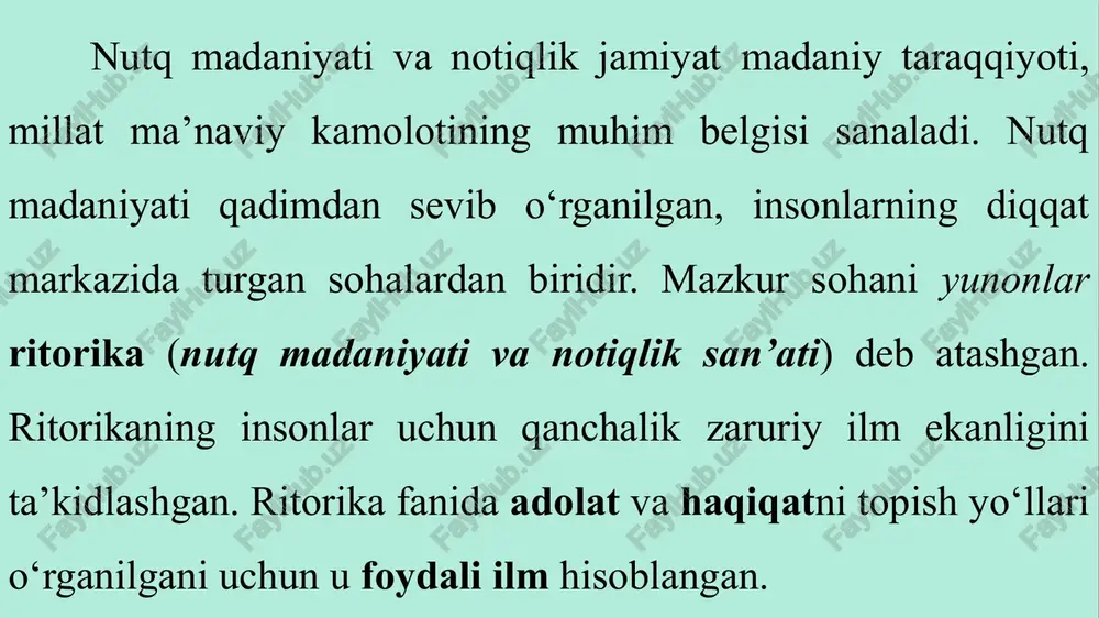 labalarni nutq madaniyatining o‘ziga xos tushunchalari bilan tanishtirishdan iborat. 1) notiqlik va voizlik san’atiga oid asarlar: 2) o‘zbek madaniy nutqiga asos bo‘lgan milliy adabiy meros namunalari; 3) o‘zbek milliy hujjatchiligi hamda davlat tilida ish yuritish qonun - qoidalari majmuasi- nutq madaniyati fanining asosiy obyektlaridandir. nutq madaniyati fani hozirgi o‘zbek adabiy tilini o‘rganar ekan, shu adabiy til asosida vujudga keladigan barcha nutq turlari, adabiy tilga asos bo‘luvchi xalq tili shevalari ham uning obyektiga daxldordir. nutq madaniyati nazariyasida til me’yori markaziy tushuncha hisoblanadi. til madaniyatining asosiy tekshirish obyekti adabiy til me’yorlari, asosiy vazifasi esa ushbu me’yordagi ikkilanishlarni bartaraf etish bo‘lmog‘i kerak. nutq madaniyati fani adabiy til me’yorlarini, uning tarixiyligini, taraqqiy etib borishini undagi ba’zi birliklarning eskirishi, ular o‘rnida yangi me’yoriy birliklarning paydo bo‘lishini kuzatib, qayd etib boradi. biroq bu fan adabiy me’yorlarni yaratmaydi, ba’zi bir hodisalarni me’yor sifatida majburan kiritmaydi. balki o‘zbek milliy adabiy tili faoliyatini, uning rivojlanishini kuzatib boradi, obyektiv qonunlarini …