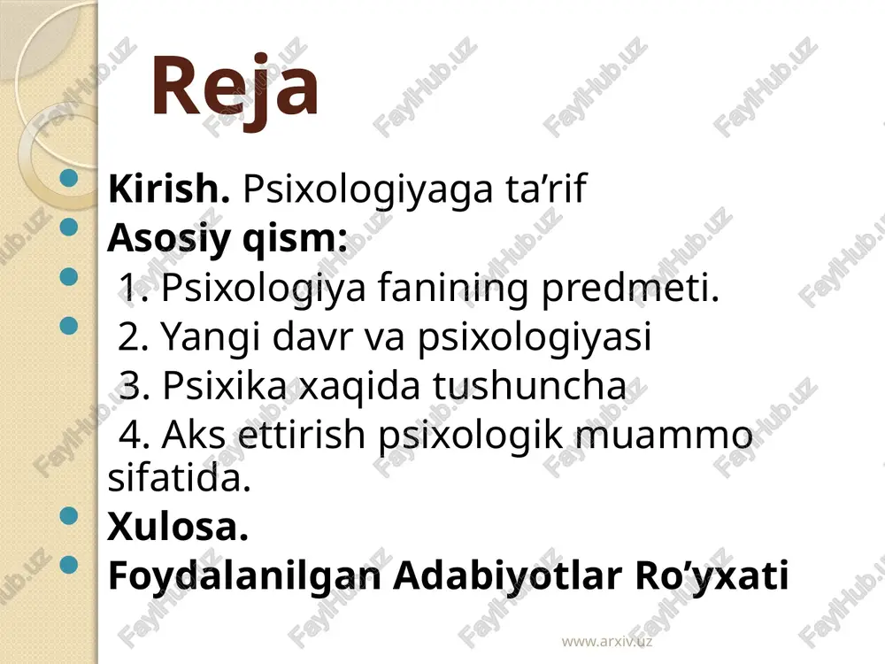 bor: bir tamondan, ularni o’rganish qiyin, ikkinchi tamondan oson xam, oxirgi jixati xusisida shuni aytish mumkinki, bu xodisalar bevosita bizning o’zimizga berilgan, ularni uzoqdan qidirish, mavxum analogiyalar qilish shart emas, boshka bir tamondan, ular o’zaro bir birlari bilan bog’lik va umumiy qonuniyatlar va printsiplarga bo’ysunadi. www.arxiv.uz psixologiyaning predmeti konkret shaxs, uning jamiyatdagi xulq atvori va turli faoliyatlarining uziga xos tamonlaridir, deb ta`riflash mumkin. psixologiya konkert fan sifatida psixik faoliyat qonuniyatlarini, uning ruy berishi mexanizmlari va omillarini urganuvchi fandir. psixologiya yaxlit va mustakil fan sifatida odamlarda gumanistik meitalitetning shakllanishiga xizmat qilib, inson omiliga aloqadorligi uning shu yunalishdagi muammolarni ma`lum ma`noda urganadigan barcha fanlar bilan bevosita aloqasini takoza etadi. www.arxiv.uz yangi davr va psixologiya. psixologiya soxasida mukammal darsliklar yozila boshlangan davrga sal kam 160 yil bo’ldi. shu davr ichida juda ko’plab ilmiy tadqiqot natijalarini o’z ichiga olgan monografiyalar, darsliklar, kullanmalar yozildi. xx asr va uning erishilgan yutuklaridan eng muximi shu bo’ldiki, texnika, …
