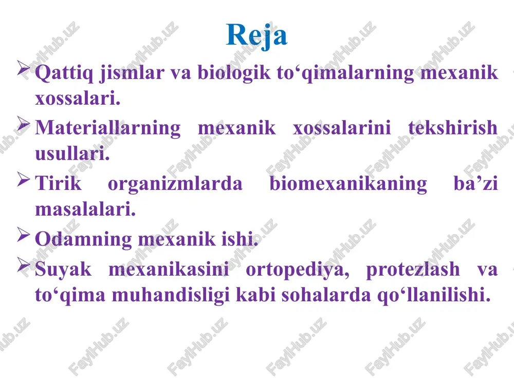 namunani qandaydir uzunlikka cho‘zilsa(ya’ni, deformatsiya sodir bo‘lsa) va uni bu holatda dinamometrlar yordamida ushlab turilsa, vaqt o‘tishi bilan dinamometrlarning ko‘rsatkichlari (mexanik kuchlanishga proporsional ravishda) kamayadi. bunda makromolekulalarning o‘zaro siljishlariga bog‘liq bo‘lgan kuchlanishning relaksatsiyasi (kamayishi,susayishi) sodir bo‘ladi. kuchlanishning relaksatsiyasi-namunada doimiy nisbiy deformatsiya ta’sirida mexanik kuchlanishning kamayish jarayoni. namunadagi kuchlanishning vaqt o‘tishi bilan o‘zgarishi rasmda ko‘rsatilgan. σ t 0 biologik to‘qimalarning mexanik xossalari. material strukturasi uning mexanik xossalari va parchalanish jarayoni xarakterini aniqlovchi asosiy faktordir. ko‘p biologik to‘qimalar anizotrop kompozitsion materiallar bo‘lib, ular kimyoviy jihatdan turlicha bo‘lgan komponentlarning hajmiy taqsimlanishi bilan shakllangan. to‘qima har bir turining tarkibi evolyusiya jarayonida shakllanib, u bajarayotgan funksiyalarga bog‘liq. suyak to‘qimasi. suyak-tayanch-harakat apparatining asosiy materialidir. inson skeletida 200 dan ortiq suyak mavjud. skelet tananing tayanchi bo‘lib, harakat qilishga yordam beradi. katta insonda skelet taxminan 12 kg ni tashkil etib, umumiy og‘irlikning taxminan 18% iga teng. suyak to‘qimasining mexanik xossalari ko‘p faktorlarga bog‘liq: yoshga, kasallikka, o‘sishning individual sharoitlariga. …