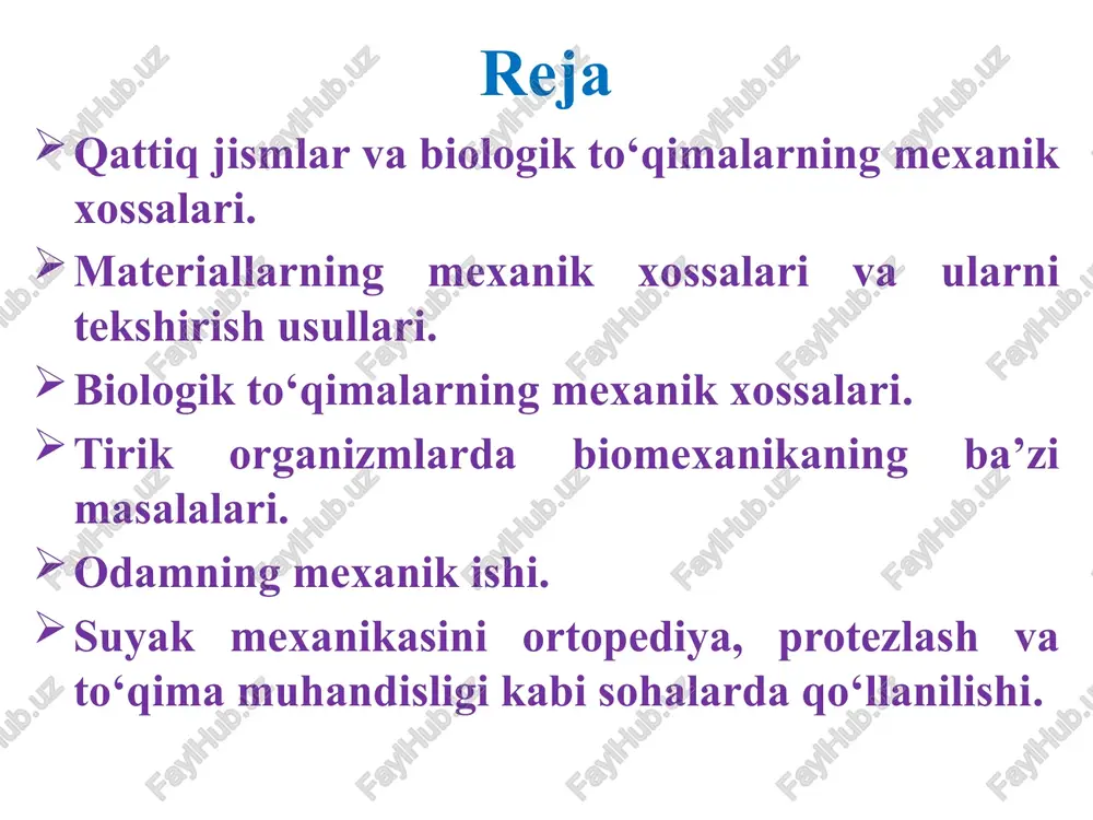 anik xossalari va ularni tekshirish usullari. agar namunani qandaydir uzunlikka cho‘zilsa(ya’ni, deformatsiya sodir bo‘lsa) va uni bu holatda dinamometrlar yordamida ushlab turilsa, vaqt o‘tishi bilan dinamometrlarning ko‘rsatkichlari (mexanik kuchlanishga proporsional ravishda) kamayadi. bunda makromolekulalarning o‘zaro siljishlariga bog‘liq bo‘lgan kuchlanishning relaksatsiyasi (kamayishi,susayishi) sodir bo‘ladi. kuchlanishning relaksatsiyasi-namunada doimiy nisbiy deformatsiya ta’sirida mexanik kuchlanishning kamayish jarayoni. namunadagi kuchlanishning vaqt o‘tishi bilan o‘zgarishi rasmda ko‘rsatilgan. σ t 0 biologik to‘qimalarning mexanik xossalari. material strukturasi uning mexanik xossalari va parchalanish jarayoni xarakterini aniqlovchi asosiy faktordir. ko‘p biologik to‘qimalar anizotrop kompozitsion materiallar bo‘lib, ular kimyoviy jihatdan turlicha bo‘lgan komponentlarning hajmiy taqsimlanishi bilan shakllangan. to‘qima har bir turining tarkibi evolyusiya jarayonida shakllanib, u bajarayotgan funksiyalarga bog‘liq. suyak to‘qimasi. suyak-tayanch-harakat apparatining asosiy materialidir. inson skeletida 200 dan ortiq suyak mavjud. skelet tananing tayanchi bo‘lib, harakat qilishga yordam beradi. katta insonda skelet taxminan 12 kg ni tashkil etib, umumiy og‘irlikning taxminan 18% iga teng. suyak to‘qimasining mexanik xossalari ko‘p …