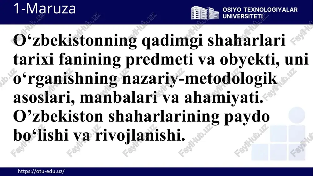 ga ega bo‘lgan shahar xarobalari ( uzunqir, yerqo‘rg‘on). qishloqlar (daratepa, chiroqchitepa, beshqo‘tontepa). 3.mudofaa devorlari bilan o‘ralgan alohida vazifalarni bajaruvchi manzilgohlar (ibodatxona bo‘lishi mumkin) (sangirtepa). 1.1. o‘zbekistonning ilk temir davri qadimgi shahar markazlari taraqqiyoti. ulardan eng yirigi bo‘lgan afrosiyob, qadim samarqand ko‘hna shahri hozirgi samarqandning shimoliy qismida tepaliklar ko‘rinishida joylashgan bo‘lib noto‘g‘ri yuraksimon (serdsevidnoy) shakldagi 220 gektar maydonni egallagan. bu hududlarda qal’a devorining to‘rtta halqasi aniqlangan bo‘lib, arxeologik tadqiqotlarning ko‘rsatishicha, birinchi va to‘rtinchi halqalar nisbatan qadimgi hisoblanadi. birinchi halqaning pastki qatlamlaridan xom g‘isht devor qoldiqdari aniqlangan bo‘lib, bu devor qoldiqlari o‘z vaqtida g.v.shishkina tomonidan mil.avv. i ming yillikning o‘rtalariga oid deb sanalagan. 1.1. o‘zbekistonning ilk temir davri qadimgi shahar markazlari taraqqiyoti. uygarak — saklarning mozorqo’rg’oni (miloddan avvalgi 7-5-asrlar). sirdaryoning qadimgi irmog’i inkardaryo bo’yida (qozog’iston) joylashgan. 1961-63, 1965 yillarda 80 ta mozorqo’rg’on (diametri 10-14 metr, balandligi 0,4—2 metr)dan 70 tasi o’rganilgan. mozorqo’rg’onning balandligi 20 metr, uzunligi 2 kilometrdan iborat. uygarakdagi qabrlarning asosiy …