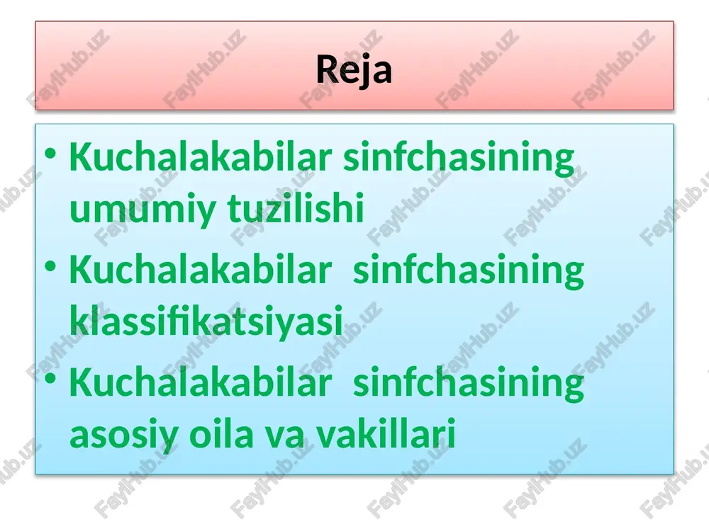 rgdoshlar-lemnaceae oilasi bu oila vakillari guli o’simliklar orasidagi eng kichigi hisoblanadi. uning poyasi, bargi yaxshi taraqqiy qilmagan. ular sekin oqadigan suvlarda o’sadi. guli ayrim jinsli. gulqo’rg’oni yo’q. changchisi 1 ta yoki 2 ta. asosan vegetativ yo’l bilan ko’payadi, urug’i suv ostida yetiladi. bu oilaga 6 ta turkumga oid 6 ta tur kiradi. o’zbekistonda bitta turkumga mansub 3 ta turi o’sadi. poyabarglar suvda yashovchi parrandalar uchun ozuqa hisoblanadi. bundan tashqari uy hayvonlarini boqishda yem- xashak sifatida ham ishlatiladi. poyabargdoshlar-lemnaceae oilasi poyabargdoshlar-lemnaceae oilasi qo’q’anamolar -typhales qabilasi. qabila 2 ta oilani o’z ichiga oladi. qo’q’adoshlar-typhaceae oilasi. oilaga bo’yi 2 metrgacha yetadigan ko’p yillik o’tlar kiradi. ildizpoyasi yo’gon, suvli muhitda, ayniqsa, botqoqliklarda o’suvchi, barglari uzun, lentasimon o’simlik. oilaga bitta turkum va 15 ta tur kiradi. bizda qo’g’a (typha) turkumiga kiruvchi 6 ta tur o’sadi yer yuzida keng tarqalgan. gullari mayda, bir jinsli, gulqo’rg’onsiz, boshoqsimon so’tada joylashgan. urugchi gullari so’taning ostki, yo’g’on qismida, changchi gullari …