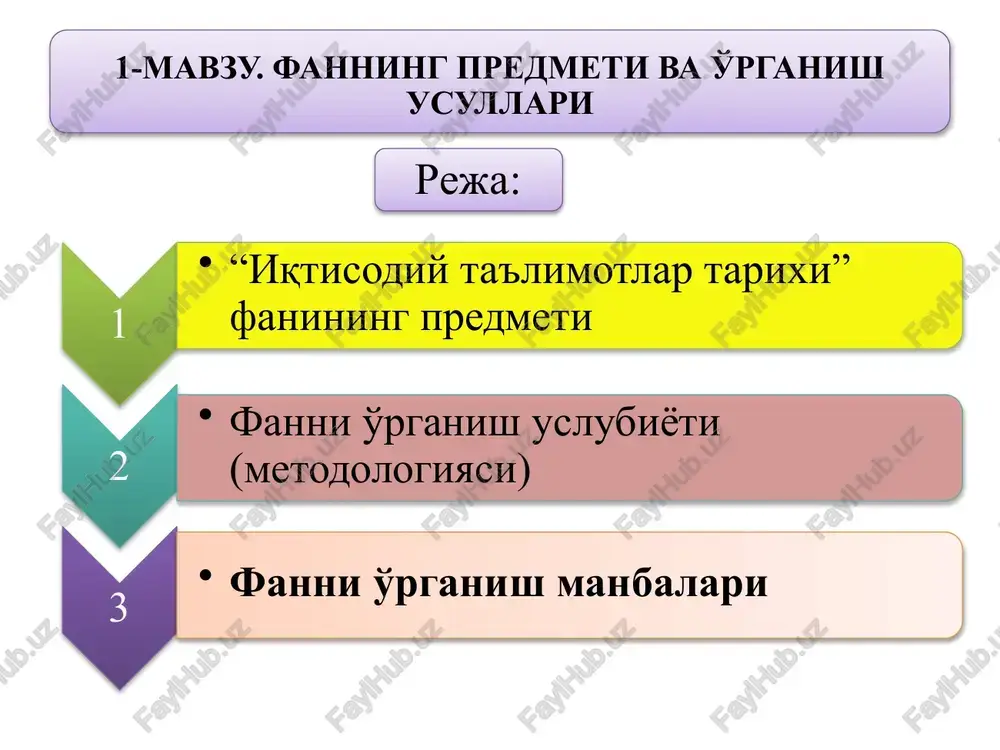 kelishi va rivojlanishi tahlili yozuv ixtiro etilgan quldorlik davridan boshlab ijtimoiy taraqqiyotning barcha tarixiy jarayonlarini, barcha tarixiy davrlarni o'z ichiga oladi. iqtisodiy ta'limotlar tarixiy rivojlanish jarayonlar bilan bog'lik tarzda o'rganilishi iqtisodiy ta'limotlar bilan jamiyat iqtisodiyoti bevosita bog'liq. jamiyatning rivojlanishida uning roli juda katta. iqtisodiy ta'limotlar iqtisodiyotda sodir bo'ladigan jarayonlarni passiv aks ettirmaydi, balki ularga muayyan ta'sir ko'rsatish yo'li bilan ijtimoiy rivojlanishning tezlashishiga yoki sekinlashishiga olib keladi. xammaga ma'lumki, ko'pchilik kontseptsiyalar (masalan, yangi klassik yoki keynschilik) davlatlarning iqtisodiy dasturlari asosi hisoblanib kelindi. 2. fanni o'rganish uslubiyoti (metodologiyasi) metodik jihatdan bu iqtisodiy tahlilning ilg'or metodlari yig'indisidan iborat bo'lib, tarixiy, induktsiya, mantiqiy abstraktsiya va boshqa usullardan keng foydalanadi fanni o'rganish manbalari qadimgi arxeologik topilmalar, moddiy ne'matlar, qoyalaridagi chizmalar va xalq og'zaki ijodi namunalari qo'lyozmalar, davlat arboblari, olim, donishmand, mutafakkir-larning yozib qoldirgan kitoblar ilmiy davrlash j.k.gelbreyt: «amalda iqtisodiy g'oyalar o'z davri va vujudga kelish joyining maxsuli bo'lib, ular bilan chambarchas bog'langandir; bu g'oyalarni ular …