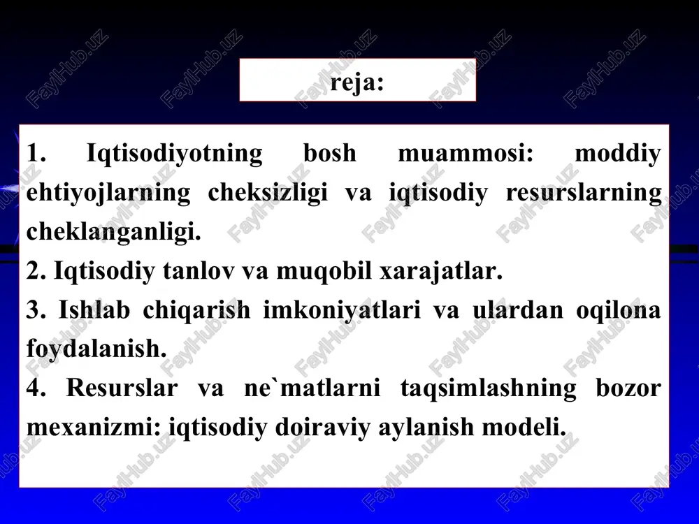 haroitida kishilar ehtiyojini maksimal qondirish yo‘llari to‘g‘risida iqtisodiy bilimlarni va ularni amalda tadbiq etish yo‘llarini o‘rgatishdan iborat. “mikroiqtisodiyot” aniq induvidual iqtisodiy sub`ektlarning hatti-harakatini o‘rganish bilan shug‘ullanadi. induvidual iqtisodiy sub`ektlar deganda firmalar, uy xo‘jaliklari, tarmoqlar va bozorlarni tushunamiz. “mikroiqtisodiyot” fanining maqsadi va vazifalari mikroiqtisodiy tahlil ob`ektlari “mikroiqtisodiyot” fanining predmeti va o‘rganish usullari iqtisodiy hatti-harakat cheksiz ehtiyojlar cheklangan resurslar resurslar cheklanganligi sharoitida tanlov iqtisodiy qarorlar qabul qilish mikroiqtisodiyot predmeti jamiyat va insonlarning cheksiz ehtiyojlarini maksimal qondirish maqsadida cheklangan resurslarni optimal taqsimlash va ulardan samarali foydalanish yo‘llarini o‘rganish miqroiqtisodiy tahlil usullari 3. iqtisodiy siyosat iqtisodiy siyosat iqtisodiy sub`ektlar hatti-harakatini yoki uning oqibatlarini tartibga soladi va ularga ta`sir o‘tkazadi 2. tamoyillar yoki nazariya iqtisodiy nazariya iqtisodiy sub`ektlar hatti-harakatining umumiy tamoyillarini aniqlaydi deduktsiya induktsiya 1. faktlar tavsifiy yoki emperik iqtisodiyot muayyan muammo yoki iqtisodiyotning ma`lum bir sohasiga oid faktlarni yig‘adi va nazariyaning to‘g‘riligini tasdiqlash uchun faktlarni gipoteza bilan solishtiradi. miqroiqtisodiy tahlil turlari iqtisodiy voqelik ta`sir …
