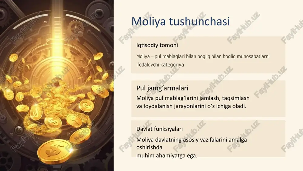 adigan mablag‘lar. xarajatlar iqtisodiyot, ijtimoiy soha, mudofaa va boshqa yo‘nalishlarga sarflanadigan mablag‘lar. byudjet jarayoni byudjetni tuzish, qabul qilish va ijro etish bosqichlari. byudjetdan tashqari jamg‘armalar pensiya jamg‘armasi fuqarolarning pensiya ta’minotini amalga oshirish uchun tuzilgan jamg‘arma. yo‘l jamg‘armasi yo‘l infratuzilmasini rivojlantirish uchun mo‘ljallangan jamg‘arma. bandlik jamg‘armasi aholini ish bilan ta’minlash dasturlarini moliyalashtirish uchun tuzilgan jamg‘arma. xo‘jalik sub’ektlari moliyasi asosiy kapital aylanma mablag‘lar kredit tizimi markaziy bank pul-kredit chiquvchi siyosatini va ishlab amalga oshiruvchi asosiy bank. tijorat banklari aholi va korxonalarga moliyaviy xizmatlar ko‘rsatuvchi banklar. kredit tashkilotlari mikromoliyaviy tashkilotlar, lombardlar va boshqa kredit beruvchi muassasalar. sug‘urta tizimi mulkiy sug‘urta ko‘chmas va ko‘char mulkni turli xavf-xatarlardan himoya qilish. shaxsiy sug‘urta inson hayoti, sog‘lig‘i va mehnat qobiliyatini sug‘urtalash. javobgarlik sug‘urtasi uchinchi shaxslarga yetkazilgan zararni qoplash uchun sug‘urta. davlat moliyaviy faoliyatining maqsadlari iqtisodiy barqarorlik ijtimoiy farovonlik infratuzilmani rivojlantirish innovatsiyalarni rag‘batlantirish davlat moliyaviy faoliyatining tamoyillari qonuniylik moliyaviy faoliyat qonun hujjatlariga qat’iy muvofiq amalga oshirilishi. shaffoflik moliyaviy …