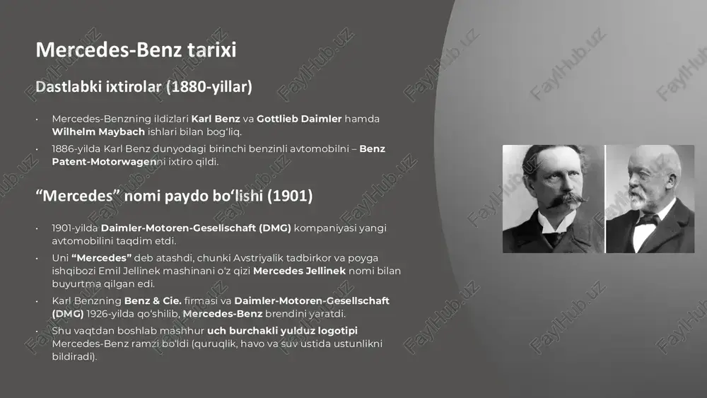 ab-quvvatlash uchun maslahat xizmatlari ko‘rsatadi. https://gamma.app/?utm_source=made-with-gamma preencoded.png moliyaviy menejmentning asosiy maqsadlari moliyaviy barqarorlik kompaniyaning uzoq muddatli moliyaviy barqarorligini ta’minlash va rentabellikni oshirish. investitsiya boshqaruvi investitsiyalarni oqilona boshqarish va moliyaviy risklarni minimallashtirish. aktsiyadorlar daromadliligi aktsiyadorlar va investorlar uchun barqaror daromadlilikni kafolatlash. kapital tuzilmasi muvozanati kapital tuzilmasida qarz va o‘z kapitali o‘rtasidagi optimal muvozanatni saqlash. https://gamma.app/?utm_source=made-with-gamma preencoded.png mercedes-benz moliyaviy ko‘rsatkichlari (2024y.) 2024 yil natijalariga ko‘ra, mercedes-benz o‘zining moliyaviy barqarorligini va bozor pozitsiyasini mustahkamlagan. kompaniyaning umumiy daromadi 145,6 milliard yevroni tashkil etgan bo‘lsa, sof foyda (ebit) 13,6 milliard yevroga yetdi. sotuvlar hajmi 2,389 million avtomobil birligiga yetdi, bu esa global bozordagi yuqori talabni aks ettiradi. kompaniya 175,264 nafar xodimni ish bilan ta’minlagan bo‘lib, bu uning global miqyosdagi ta’sirini ko‘rsatadi. https://gamma.app/?utm_source=made-with-gamma preencoded.png moliyaviy menejmentning strategik yo‘nalishlari elektr transport vositalariga investitsiyalar elektr avtomobillar ulushini 20% ga yetkazish maqsadida ulkan investitsiyalar kiritilmoqda. raqamli xizmatlar va mb.os mb.os operatsion tizimi orqali mijoz tajribasini yaxshilash va yangi raqamli …