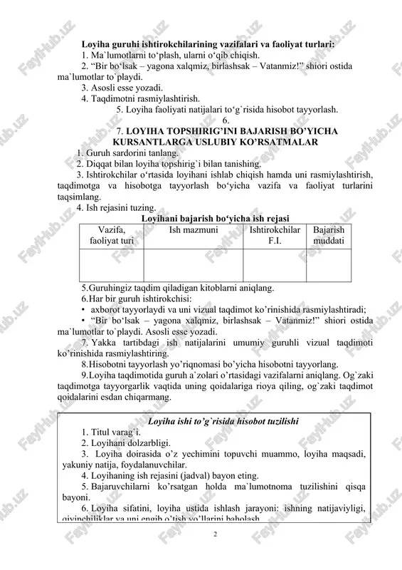 niyatlarini berganligi bilan ham qadrlidir. loyiha maqsadi (u nima uchun yaratiladi): mamlakatimiz siyosiy, iqtisodiy va ijtimoiy hayotidagi muhim voqealar, xususan yangilangan konstitutsiyamizning qabul qilinishi el-yurtimiz yangi o‘zbekistonni, uchinchi renessans poydevorini yaratishga qaratilgan islohotlar toʻg`risida asosli mulohazalarini taqdim etish. yakuniy natija: vizual taqdimot (slaydli taqdimot, videorolik hamda risola). foydalanuvchilar: qo‘qon universiteti talabalari. loyiha doirasi: “tarixiy xotira, maʼnaviy va ruhiy tarbiya — yangi oʻzbekiston poydevori” mavzusida taqdimot yoki videorolik tayyorlash. bajarish muddati: 3 kun ishtirokchilar soni: 8-10 nafar talabalar. loyiha guruhi ishtirokchilarining vazifalari va faoliyat turlari: 1. ma`lumotlarni to‘plash, ularni oʻqib chiqish. 1. “bir bo‘lsak – yagona xalqmiz, birlashsak – vatanmiz!” shiori ostida ma`lumotlar to`playdi. 1. asosli esse yozadi. 1. taqdimotni rasmiylashtirish. 1. loyiha faoliyati natijalari toʻg`risida hisobot tayyorlash. 1. 1. loyiha topshirig’ini bajarish bo’yicha kursantlarga uslubiy ko’rsatmalar 0. guruh sardorini tanlang. 0. diqqat bilan loyiha topshirig`i bilan tanishing. 0. ishtirokchilar oʻrtasida loyihani ishlab chiqish hamda uni rasmiylashtirish, taqdimotga va hisobotga tayyorlash …