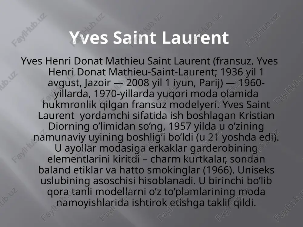 komil emas. siz doimo o'rganishingiz kerak. va siz doimo o'zingizni engishingiz kerak. nafislik va go'zallik haydab yuborilgan." ushbu to’plam saint laurent moda brendidan 2013 yil bahor-yoz mavsumidan. stefano pilati yves saint laurent uyining ijodiy direktori lavozimidan ketganidan so’ng, uning o’rnini xedi sliman egalladi. uning kelishi bilan yves saint laurent brendi o’z nomini saint laurent parijga o’zgartiradi. yangi kolleksiya slimane uchun debyutdir. ysl kuz – qish 2012-2013 parijda, rue de cambrai, 11-da, yves saint laurent muzeyi mavjud bo’lib, u erda yves saint laurent brendining kiyimlari yuzlab shkafda namoyish etiladi. oq paxta qo’lqoplarini kiyib, narsalarga tegishi mumkin. ushbu ekspozitsiyada 5000 dan ortiq kiyim-kechak, 2000 juft poyabzal va 15000 aksessuarlar mavjud. bundan tashqari, muzeyda yves saint laurent tomonidan yaratilgan minglab dizayn eskizlari mavjud. va eksponatlarning butun to’plamini ko’rish uchun kamida ikki soat kerak bo’ladi. 2008 yilning 1 iyunida 71 yoshida uzoq davom etgan kasallikdan so‘ng parijdagi uyida vafot etdi. 6 iyunga belgilangan dafn …