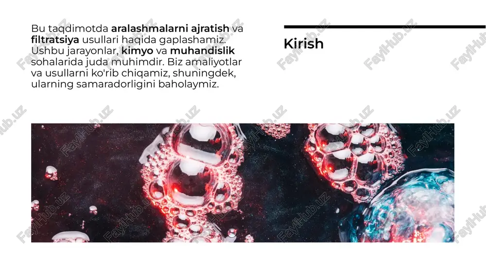 rlik aralashmalarni ajratish va filtratsiya jarayonlari sanoat va ilm-fan sohalarida muhim ahamiyatga ega. ular samaradorlik va tozalash jarayonlarini yaxshilashga yordam beradi. kelajakda bu usullarni yanada takomillashtirish zarur. xulosa