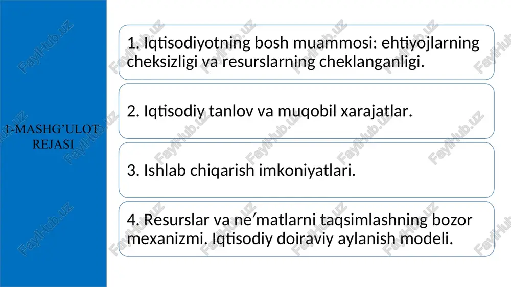 soatini baliq ovlashga sarflasa 70 ta kokos yong’og’i va 5 kg baliq ovlaydi. robinzonning bir kunlik ishlab chiqarish variantlari quyidagi jadvalda keltirilgan. robinzonning ishlab chiqarish imkoniyatlari chizig’ini va 8 soatlik ish kunida kokos va baliq ishlab chiqarishning barcha kombinatsiyalarini aniqlang? 1. hindistonlik bir muhojir ish yuzasidan fransiyaga bormoqchi. hindistondan fransiyaga samolyot va poyezd reyslari har kuni mavjuddir. fransiyagacha bo’lgan masofani samolyot 8 soatda, poyezd esa 9 kunda bosib o’tadi. agar hindistonlik samolyotda borishni ihtiyor etsa parvoz vaqti uning ish vaqtiga to’g’ri kelganligi bois, bir ish kunidan mahrum bo’ladi. poyezdda boradigan bo’lsa, muhojirning ish kuni dushanbadan jumagacha ekanligini inobatga olsak, u har bir ish kuni uchun 50 ming so’m pul mablag’ini olishdan mahrum bo’ladi. agar, samolyot chiptasi 900 ming so’m, poyezd chiptasi esa 500 ming so’m bo’lsa, muhojir uchun maqbul variant aniqlansin. 2. robinzon kimsasiz orolda istiqomat qiladi. kun davomida u kokos va baliq ovi bilan shug’ullanib hayot kechiradi. agar robinzon …