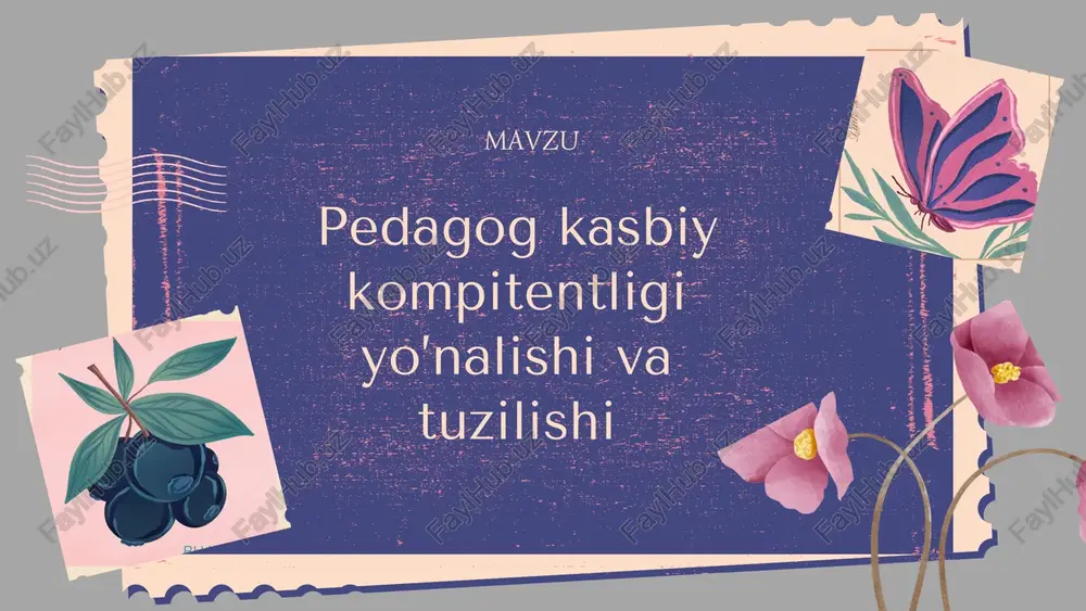 iy fazilatlar uyg‘unlashadi. bu kompetentlik doimiy o‘zini takomillashtirishga tayyorlikni, zamonaviy ta’lim metodlari va texnologiyalarini qo‘llash qobiliyatini ham o‘z ichiga oladi. pedagog kasbiy kompetentligining yo‘nalishlari . pedagogik bilim va nazariy tayyorgarlik yo‘nalishi metodik va amaliy ko‘nikmalar yo‘nalishi kommunikativ va muloqot kompetensiyasi shaxsiy va ijtimoiy kompetensiyalar pedagogik bilim va nazariy tayyorgarlik yo‘nalishi pedagog kasbiy kompetentligining asosiy yo‘nalishlaridan biri bu — pedagogik bilim va nazariy tayyorgarlik hisoblanadi. bu yo‘nalish o‘qituvchining ta’lim-tarbiya jarayonini ilmiy asosda tashkil eta olishiga xizmat qiladi. mazkur yo‘nalish quyidagilarni o‘z ichiga oladi: ta’lim nazariyasi — ta’limning maqsadi, tamoyillari va shakllari haqida bilimga ega bo‘lish. pedagogik metodlar — darsni tashkil etish, o‘quvchilarning faoliyatini boshqarish metodlarini o‘zlashtirish. psixologik-pedagogik yondashuv — o‘quvchilarning yosh va individual xususiyatlarini hisobga olish asosida ta’lim berish. o‘quv dasturlari va standartlarini bilish — davlat ta’lim standartlariga asoslangan holda dars mazmunini rejalashtirish. metodik va amaliy ko‘nikmalar — bu pedagog kasbiy kompetentligining amaliy jihatlarini tashkil etuvchi muhim yo‘nalishdir. bu yo‘nalish o‘qituvchining …