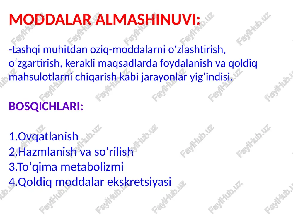fermentlar- laktaza, amilaza, lipazalar boʻlgani uchun sut yarim hazmlangan holatda boʻladi. qayerda boʻlishiga koʻra xazm turlari: 1.xujayra ichi xazmi(pinositoz,fagositoz) 2.xujayra sirti xazmi(distant-bezlardan tushuvchi fermentlar taʼsirida oshqozon-ichak trakti boʻshligʻida xazmlanish, kontakt- oshqozon-ichak trakti devoridagi fermentlar taʼsirida xazmlanish) soʻrilish: -xazm yoʻllarida parchalangan moddalar vena tomirlari va limfaga soʻriladi,sababi ularda bosim past. *ogʻizda-soʻrilish kam, baʼzi dorilar soʻriladi *qiziloʻngach,halqumda- deyarli soʻrilish yoʻq *oshqozonda- ham soʻrilish kam,etanol yaxshi soʻriladi *ingichka ichakda- asosiy soʻrilish jarayoni amalga oshadi. *yoʻgʻon ichakda- soʻrilish kam, asosan suv va minerallar soʻriladi. *persorbsiya- hujayralar oraligʻidan modda yoki hujaryalarning soʻrilishi masalan bakteriyalar, neytrofillar shu yoʻl bilan kerakli joyga oʻtishi mumkin. #metabolizm: -xazm yoʻllarida parchalangan moddalarning qonga soʻrilgandan soʻng toʻqimalarda turli fermentativ reaksiyalarga sarflanishi. bu moddalar almashinuvining bitta bosqichi. u ikki xil yoʻnalishda kechadi: anabolizm va katobolizm. *anobolizm- toʻqimalarga qon orqali kelgan moddalardan organizm uchun zarur yangi moddalarni sintezlash. *katobolizm- toʻqimalarga qon orqali kelgan moddalarni energiya olish uchun parchalash. #anobolizm har bir modda uchun …