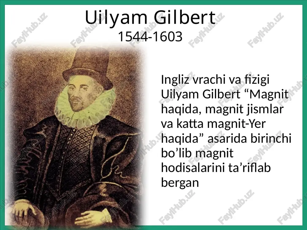 irlashmaydi; qayerda magnit maydoni kuchli bo’lsa, o’sha yerda kuch chiziqlari tag’izroq joylashgan bo’ladi; kuch chiziqlari yo’nalishga ega. + - magnit maydoni - uyurmali maydon kuch chiziqlari yopiq bo’lgan maydon uyurmali maydon deyiladi kuch chiziqlarining yopiqligi magnit maydonining asosiy xossasini ifodalaydi: magnit maydonining manbayi muhit, ob’yekt emas, balki, harakatlanayotgan zaryadli zarrachalardir, ya’ni, jarayondir (tabiatda magnit zaryadlari mavjud emas) magnit va elektr hodisalari o’zaro bog’liq va o’zaro o’zgaruvchan. elektr maydonining o’zgarishi magnit maydonining o’zgarishini keltirib chiqaradi va aksincha. t qutbli magnitning va tokli g’altakning magnit maydoni kuch chiziqlari tokli g’altakning magnit maydoni solenoid –silindrik sirtga o’ralgan izolyatsiyalangan o’tkagichdan tok oqayotgan g’altak. o’ramlardagi elektr toki atrofda solenoidning magni maydonini hosil qiladi. agar solenoid ipga osib qo’yilsa yerning magnit maydoni ta’sirida xuddi magnit strelkaga o’xshab burilib qoladi. g’altakdagi magnit maydonining kuchi o’ramlar soniga, zanjirdagi tok kuchiga va g’altakning o’zagi mavjudligiga bog’liq bo’ladi. ichida o’zagi bo’lgan solenoid elektromagnit deyiladi. elektromagnit elektromagnitlarning foydali xossalari: tok uzilsa …