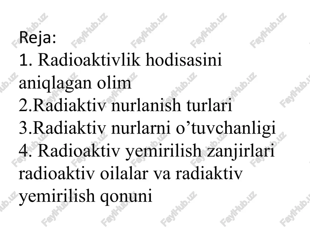 igi ma’lum bo‘ldi. radioaktiv aylanishlarda yadrolarning tarkibi, ichki energiyasi o‘zgaradi. radioaktivlik yadroning ichki xususiyati bo‘lib, har bir yadro o‘ziga xos yemirilish turiga, intensivligiga, yarim yemirilish davriga ega. radioaktivlikning asosiy xususiyati bir elementning mustaqil ravishda boshqa elementga aylanishidir. . radioaktivlikning ochilishi bilan yadrolar tarkibi va elementar zarralar xususiyatini o‘rganishning dastlabki davri boshlandi. tabiatda uchraydigan elementlarda tabiiy ravishda kuzatiladigan radioaktivlik hodisasi tabiiy radioaktivlik deb ataladi. radioaktiv izotoplarni sun’iy yo‘l bilan tezlatgichlarda tezlashtirilgan zaryadli zarralar hamda gamma kvantlar bilan turg`un yadrolarni nurlantirib yadroviy reaksiyalar yordamida hosil qilish mumkin. sun’iy yo‘l bilan hosil qilingan izotoplarda kuzatiladigan radioaktivlik sun’iy radioaktivlik deyiladi bunday radioaktiv izotoplar sun’iy radioaktiv izotoplar deyiladi. tabiiy va sun’iy radioaktivlik orasida prinsipial farq yo‘q, har ikki xildagi radioaktivlik bir xil qonuniyatlarga bo‘ysunadi. radioaktivlik qonunlari radioaktiv izotoplarning qanday kelib chiqishiga bog‘liq emas.mariya kyuri birinchi marta elementlarning nurlanishini radioaktivlik, nurlarni esa radioaktiv nurlar, nurlanuvchi elementlarning o`zini esa radioaktiv elementlar deb atadi. radiy elementi ayniqsa nurlanishning …