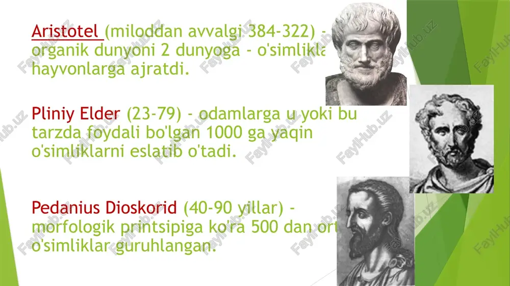 kovskiy lev semyonovich (1822-1887) - professor, tuban organizmlar haqidagi ta'limotning asoschisi. oʻz asarlarida suv oʻtlari, shilimshiq zamburugʻlar (miksomitsetlar), bakteriyalar va boshqalarni oʻrgangan. navashin sergey gavrilovich (1857-1930) — sssr fanlar akademiyasi akademigi, ilmiy maktab asoschisi; gulli o'simliklarda qo'sh urug'lantirishni aniqladi (1898); xromosoma morfologiyasi va kariosistematika asoslarini yaratdi morozov georgiy fedorovich (1867-1920) - professor, biogeotsenotik, geografik va tarixiy hodisa sifatida o'rmon haqidagi zamonaviy ta'limotni yaratdi. u o'rmonning jonli va inert komponentlari o'rtasidagi murakkab munosabatni ko'rsatib, yagona tabiiy kompleksni tashkil etdi. u plantatsiyalar turlari to'g'risidagi ta'limotni ishlab chiqdi, o'rmon turlarining o'zgarishi va ular tashkil etadigan jamoalar haqida g'oyalarni ishlab chiqdi, kesish va o'rmonlarni qayta tiklash nazariyasini asosladi . timiryazev kliment arkadyevich (1843-1920) - beketov a.n.ning shogirdi, "o'simlik hayoti" asari muallifi; energiya va moddalarning kosmik aylanishida yashil o'simliklarning rolini aniqladi ( "o'simliklarning kosmik roli " ma'ruzasi, london , 1903). vavilov nikolay ivanovich (1887-1943) – akademik, irsiy oʻzgaruvchanlikning gomologik qator qonunini ishlab chiqdi ( 1920 …