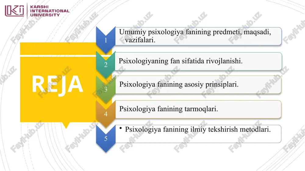 qoldi. psixologiya xviii asrning oxi­rida va xix asrning boshlaridagina mustaqil fan bo'lib shakllandi. psixik (ruhiy) hodisalarning butun majmuyi odatda psixika degan bir so'z bilan ataladi. psixika – yuksak darajada tashkil topgan materiyaning alohida hossasi bo’lib, obyektiv olamni subyektiv holatda aks ettirish. p s i x i k a psixik jarayonlar – kishining bilim jarayonlarining tarkibiy qismi, real voqelikning miyadagi in’ikosi jonli mushohadadan boshlanadi. psixik holatlar – bilish jarayoniga kirmaydigan psixik hayot shakllari. qiziqishlar, qobilyatlar, temperament, xarakter odamning individual psixik xususiyatlaridir. psixik jarayonlar: sezgi muayyan paytda sezgi organlarimizga: ko'ruv, eshituv, tuyish, hid bilish va boshqa shu kabi organlarimizga ta'sir etib turgan narsalardagi ayrim xossalarning aks etishidir. idrok tevarak-atrofimizdagi narsalarning yaxlit holda aks etishidir. masalan, uy, gul, nutq, musiqa va boshqa shu kabilarni idrok etamiz. narsalar sezgilar asosida idrok etiladi. xotira . narsa va hodisalar hamda ulardagi xossalarning sezgi va idrok orqali hosil bo'lgan obrazlari nom-nishonsiz yo'qolib ketmaydi -ular miyamizda o'rnashib, saqlanib …