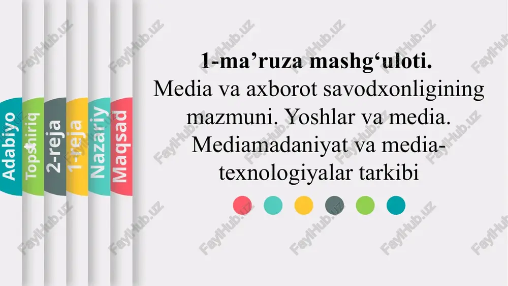 ‘rtasiga chegara tortish zaruratini his etmaydi. global tarmoqdan yosh avlod vakillari dunyoning turli mintaqalarida yashaydigan insonlar bilan muloqotga kirishish uchun foydalanadi. ular vizual va kommunikativ madaniyatning yangi toifasi vakillaridir. maqsad nazariy 1-reja 2-reja topshiriq adabiyot ma’ruza mashg‘ulotining qisqacha mavzu bayoni yoshlar moda haqidagi blogni yuritadigan o‘spirin bu olamga o‘z ta’sirini ko‘rsata olishiga, yoxud yosh musiqachi myspace tarmog‘i tufayli dunyoga mashhur bo‘lib ketishi mumkinligiga ishonadi. ular uchun “mashhur bo‘lib ketish” o‘zini namoyon etish, hamda shu orqali tor yoki keng doiradagi odamlar, aksariyat hollarda tarmoqlardan xalqaro miqyosda foydalanuvchilar qo‘llab-quvvatlashi va e’tirofiga sazovor bo‘lishdan iboratdir. bt-26 maqsad nazariy 1-reja 2-reja topshiriq adabiyot ma’ruza mashg‘ulotining qisqacha mavzu bayoni yoshlar moda haqidagi blogni yuritadigan o‘spirin bu olamga o‘z ta’sirini ko‘rsata olishiga, yoxud yosh musiqachi myspace tarmog‘i tufayli dunyoga mashhur bo‘lib ketishi mumkinligiga ishonadi. ular uchun “mashhur bo‘lib ketish” o‘zini namoyon etish, hamda shu orqali tor yoki keng doiradagi odamlar, aksariyat hollarda tarmoqlardan xalqaro miqyosda foydalanuvchilar …