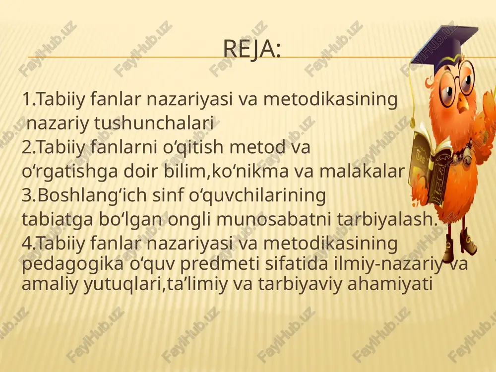 abiiy fanlar muammolariga bagishlangan maqolalar, adabiyotlarga taqriz, annotatsiya yozishga o ‘rgatish 8. kuzatilgan dars va darslardan tashqari tadbirlarni mustaqil metodik jihatdan to ‘g‘ri tahlil qilishga o ‘rgatish. 9. fanlararo aloqalar va ta’lim-tarbiya integratsiyasi asosida turli dars tiplari uchun ishlanmalar, reja-konspektlar tuzishga tayyorlash. 10. maktabda tabiiy fanlardarslarini o ‘tishda ekologik va tabiatni muhofaza qilish jihatlarini ko‘ra bilishga o o’rgatish. 11. talabalarni sharq mutafakkirlarining inson va uni o ‘rab turgan tabiat bilan aloqalariga bag‘ishlangan asarlari, ularning dunyoqarashlari bilan tanishtirish tabiiy fanlarni o‘qitish metodlari uchta asosiy guruhga bo‘linadi: og‘zaki metodlar — o‘qituvchining materialni og'zaki bayon qilishi, suhbat, kitob bilan ishlash; ko'rgazmali metodlar — namoyish qilish — (ko‘rsatish), mustaqil kuzatishlar, ekskursiyalar; amaliy metodlar — og‘zaki va yozma mashqlar, grafik (chizma) va laboratoriya ishlarjj o'qitish metodlarini metodik uslublar bilan adashtirmaslik kerak. metodik uslub faqat metodning unsurlaridan biri, uning tarkibiy qismidir (ko'rgazmali qurollarni, kinofilmlardan fragmentlami, diafilm, diapozitivlami ko'rsatish, doskadagi sxemalardan, rasmlardan foydalanish, tajribalarni namoyish qilish, geografiya …