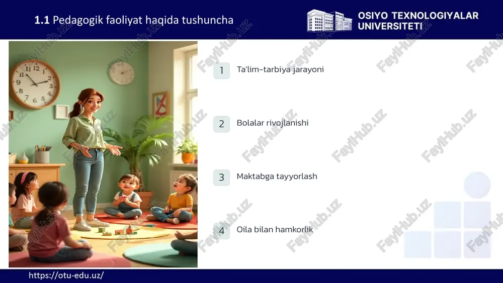 davomida o'tkaziladigan mashg'ulotlar va tadbirlarni aniqlash 4 kundalik reja har kungi faoliyatni batafsil rejalashtirish va tayyorgarlik ko'rish 6 ta'limiy faoliyat bolalarga bilim, ko'nikma va malakalarni o'rgatishga qaratilgan faoliyat. mashg'ulotlar, o'yinlar va boshqa shakllarda amalga oshiriladi. tarbiyaviy faoliyat bolalarda axloqiy sifatlar, ijobiy xulq-atvor normalarini shakllantirishga qaratilgan faoliyat. kundalik muloqot va maxsus tadbirlar orqali amalga oshiriladi. rivojlantiruvchi faoliyat bolalarning jismoniy, aqliy va ijodiy qobiliyatlarini rivojlantirishga qaratilgan faoliyat. turli xil mashqlar va ijodiy topshiriqlar orqali amalga oshiriladi. 1.2 pedagogik faoliyat turlari 7 pedagogik faoliyatda innovatsiyalar zamonaviy texnologiyalar interaktiv doskalar, planshetlar va boshqa raqamli vositalardan foydalanish yangi pedagogik yondashuvlar loyiha usuli, muammoli ta'lim kabi zamonaviy pedagogik usullarni qo'llash individuallashtirish har bir bolaning individual xususiyatlarini hisobga olgan holda ta'lim berish 8 pedagogik faoliyatni baholash kuzatish bolalarning kundalik faoliyatini kuzatish va natijalarni qayd etish portfolio bolaning ishlari va yutuqlarini to'plash va tahlil qilish testlar bolalarning bilim va ko'nikmalarini maxsus testlar orqali baholash ota-onalar fikri ota-onalardan bolaning …