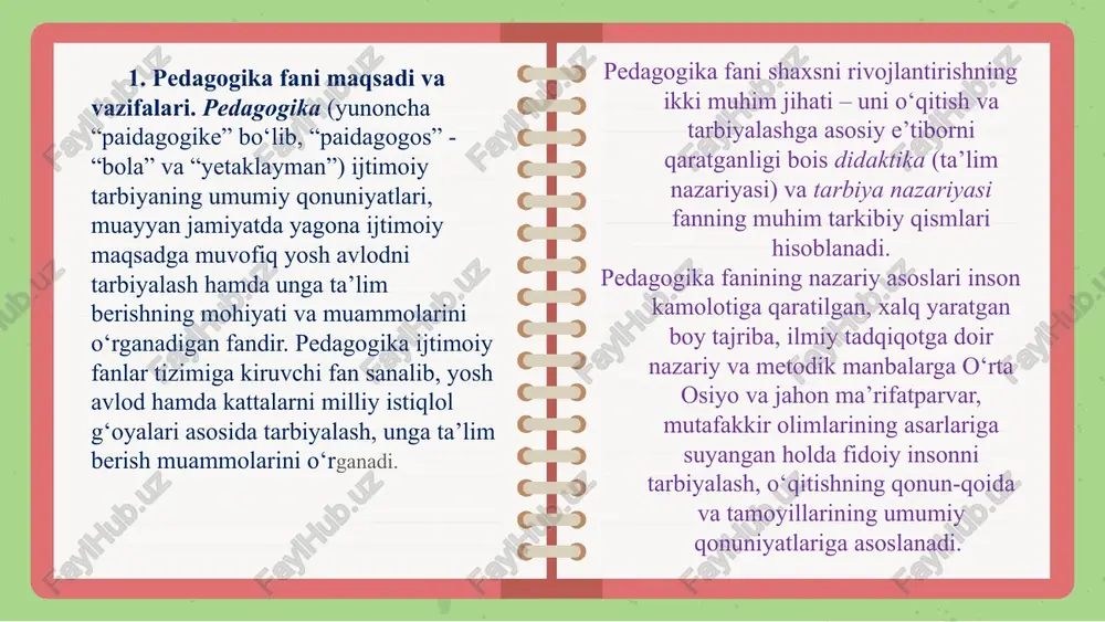 amiyat taraqqiyotini ta’minlashga alohida hissa qo‘shadi. miloddan avvalgi vii – vi asrlarda o‘rta osiyoda ishlab chiqarish kuchlarining ortib borishi bilan ijtimoiy hayotda ham ijobiy o‘zgarishlar ro‘y berdi. turk va fors tilida so‘zlashuvchi xalqlar o‘rtasida o‘zaro madaniy aloqalar yuzaga keldi. yosh avlodni mustaqil hayotga tayyor­lashda asrlar davomida qo‘llanib kelingan, yerli millatning o‘ziga xos urf – odati va an’analariga mos ravishda tatbiq etilgan ta’lim va tarbiya­ning noyob usul va vositalari, tadbir va shakllari vujudga kela boshladi. pedagoglik kasbining tarixiy rivojlanishi va shakllanishi ta’lim va tarbiya tarixini o‘rganar ekanmiz, uning rivojlanishi, yil­lar davomida shakllanib borishi ustoz va shogird faoliyatiga bog‘liq­ligining guvohi bo‘lamiz. eng qadimgi davrlardayoq mudarrislar (o‘qi­tuvchilar) ta’lim va tarbiyaning samarali ta’sir usullarini qidirib topib, hayotga tatbiq eta boshlaganlar. buning natijasida eramizdan oldin­gi davrlardayoq ta’lim-tarbiyaning samaradorligiga erishilishi uchun o‘qi­tuvchiga bo‘lgan talablar kuchayib bordi. markaziy osiyoning xorazm zaminida shakllangan eng qadimiy va “o‘tmishdagi dinlarning eng kuchlilaridan bo‘lgan” (yu.a.rappoport) zardushtiylik dinining muqaddas kitobi “avesto”da bolalar …