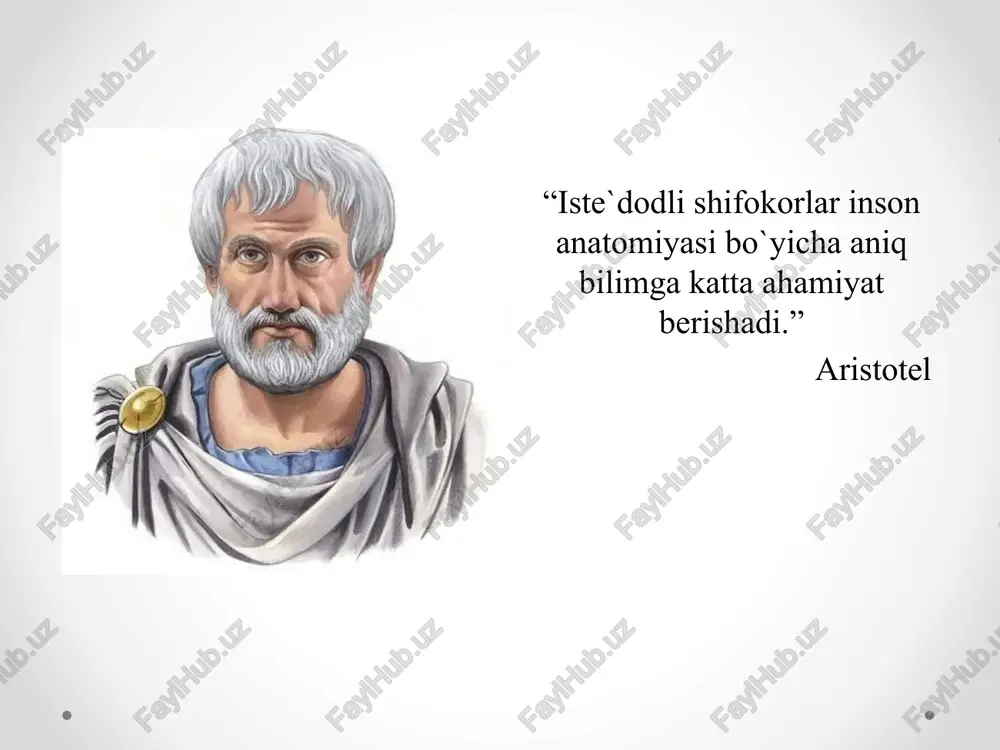 bayon etilgan. leonardo da vinchi (1452-1519 yillarda yashagan). u 30 ta murdani yorib o’rganib, ularning rasmini chizgan.marchelo malpigi (1628-1694 yillarda yashagan) mikroskop yordamida terini tuzilishini (malpigiy qavati) o’rgangan.n.i.pirogov (1810-1881) topografik anatomiya va xarbiy dala xirurgiyasining asoschisi. u odam a’zolarini joylashishini o’rganish uchun murdani muzlatib qotirib qavatma-qavat arralab kesib o’rganish usulini taklif etgan. 1.osteologiya. 2.sindesmologiya. 3.miologiya 4.splanxnologiya. 5.angiologiya 6.nevrologiya 7.esteziologiya 8.endokrinologiya 9.rentgenoanatomiya 10.topografik anatomiya anatomiyani o’rganish usullari 1. kesib preparatlar tayyorlash usuli. 2. in’ektsiya usulida ichi kavak a’zolar va qon tomirlarni ichiga turli xil rangli moddalar yuborib o’rganiladi. 3. palpatsiya usuli tirik odamda a’zo va to’qimalarni ushlab ko’rib o’rganish. 4. perkussiya usuli a’zo va to’qimalarni urib ko’rib o’rganish. 5. auskultatsiya usuli a’zolardan chiqayotgan tovushlarni eshitib o’rganish. 6. antropometriya tanani qismlarini o’lchab ularning yoshga qarab o’zgarishi o’rganiladi. 7. rentgenoskopiya va rentgenografiya usullarida rentgen nuri vositasida a’zo va to’qimalarni holatini ko’riladi yoki tasvirga olish bilan o’rganiladi. 8. korroziya usulida a’zolarni ichini tez qotuvchi …