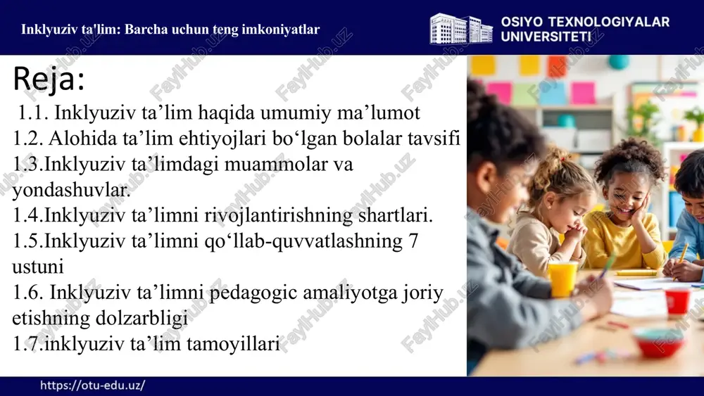 i maxsus o'qitish usullari va materiallar zarur. aqliy salohiyatning cheklanishi individual yondashuv va qo'shimcha qo'llab-quvvatlash kerak. 1.2. alohida ta’lim ehtiyojlari bo‘lgan bolalar tavsifi 7 emosional va ijtimoiy o'zgarishlar ijtimoiy muammolar tengdoshlar bilan muloqotda qiyinchiliklar. muloqotda qiyinchiliklar o'z fikrlarini ifodalashda yordam kerak. o'zini boshqarishdagi qiyinchiliklar emotsional nazoratni o'rganish zarur. 1.2. alohida ta’lim ehtiyojlari bo‘lgan bolalar tavsifi 8 o'quv jarayoniga moslashish 1 o'ziga xos o'quv uslublari har bir bolaning o'zlashtirish uslubiga moslashish. 2 maxsus materiallar moslashtirilgan o'quv materiallari va vositalar. 3 yordamchi vositalar texnologik va jismoniy yordamchi vositalardan foydalanish. 4 qo'llab-quvvatlash o'qituvchilar va mutaxassislarning doimiy yordami. 1.2. alohida ta’lim ehtiyojlari bo‘lgan bolalar tavsifi 9 inklyuziv ta'limdagi muammolar 1 resurslarning yetishmasligi 2 o'qituvchilarning tayyorgarligi 3 sinflarda o'quvchilarning xilma-xilligi 4 ijtimoiy va madaniy to'sqinliklar 1.3.inklyuziv ta’limdagi muammolar va yondashuvlar. 10 resurslarning yetishmasligi maxsus ta'lim materiallari braille alifbosi, eshitish vositalari kabi maxsus resurslar yetishmaydi. mutaxassislar psixologlar, terapevtlar, yordamchi o'qituvchilar yetishmovchiligi mavjud. 1.3.inklyuziv ta’limdagi muammolar va …