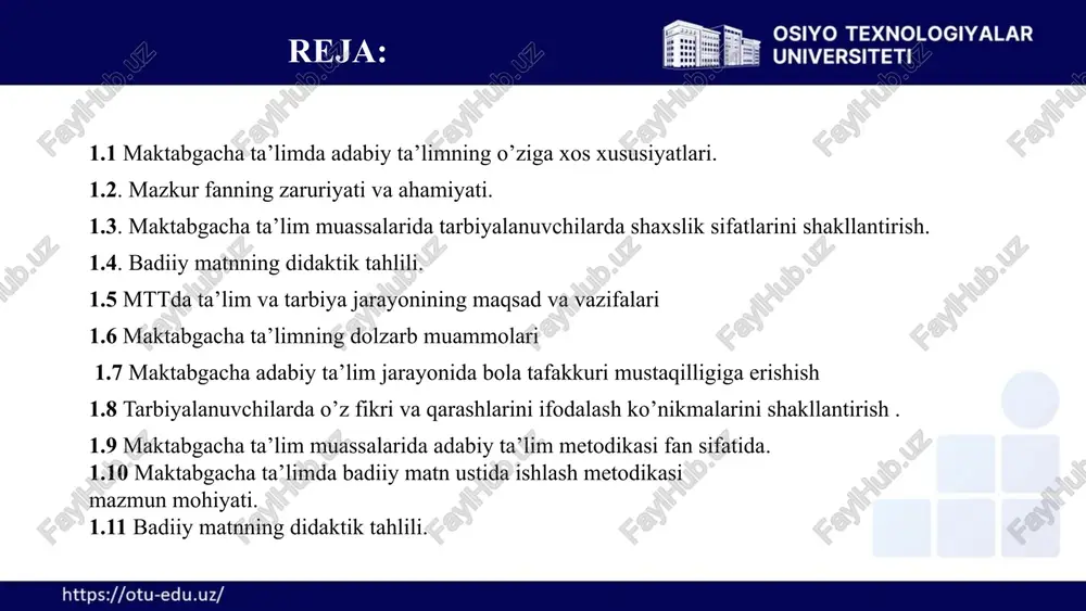odali o'qish xotirani rivojlantiradi, chunki bolalar matnni eslab qolish, tushunish va o'qish jarayonida unga e'tibor berishni o'rganadilar. 3 ijodiy qobiliyatlarni rivojlantirish matnni turli xil ohanglarda o'qish, mimika va intonatsiyani qo'llash bolaga o'z ijodiy qobiliyatlarini namoyon qilish imkonini beradi. 4 ta'lim jarayonining samaradorligini oshirish ifodali o'qish bolalarda qiziqishni kuchaytiradi, o'quv jarayonini qiziqarli va samaraliroq qiladi. 1.2. mazkur fanning zaruriyati va ahamiyati. 5 ifodali o'qishning asosiy tamoyillari tushunarlilik matnni o'qishda so'zlarni aniq va tushunarli qilib aytish kerak. ifoda matnning mazmunini to'liq va aniq yetkazish uchun ohang, intonatsiya va mimikaning to'g'ri qo'llanilishi muhim ahamiyatga ega. yaxlitlik ifodali o'qishda barcha elementlar bir-biri bilan uyg'un bo'lishi kerak, ohang, intonatsiya, tempo va mimika bir-birini to'ldirib turishi zarur. qiziqish bolalarda matnga qiziqish uyg'otish, o'qishni qiziqarli va jozibador qilish muhimdir. 1.2. mazkur fanning zaruriyati va ahamiyati. 6 ifodali o'qish ko'nikmalarining rivojlanish bosqichlari 1 boshlang'ich bosqich bu bosqichda bolalar alfavitni o'rganishni boshlaydilar, tovush va harflarni bog'lashni o'rganadilar, so'zlarni o'qishni …