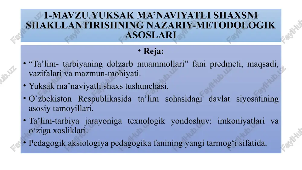 adigan ta’siri sifatida; - keng pedagogik ma’noda – insonga barcha ta’sirlar jarayoni va natijasi sifatida; - tor pedagogik ma’noda – tarbiyachilar jamoasi tomonidan ta’lim-tarbiya muassasalarida tarbiyalanuvchilar ongi, xulq-atvori va irodasiga ta’sir koʻrsatishning tizimli tarzda amalga oshiriladigan, maxsus tashkil qilingan, boshqariladigan ta’siri sifatida; - amaliy ma’noda – tarbiyachilar, murabbiylar, etakchilar, guruh rahbarlarining aniq tarbiyaviy masalalarni hal qilishga qaratilgan tarbiyaviy faoliyat jarayon va natijasi sifatida tushunish kerak. ma’naviy-axloqiy tarbiya asosini ilgʻor milliy, ma’naviy-axloqiy qadriyatlar, xalq pedagogikasi gʻoyalari tashkil etadi. ma’naviyat shaxs, xalq, davlat va jamiyatning kuch-qudrati, taraqqiyoti, imkoniyatlari va istiqbollarini belgilab beruvchi ichki ijobiy, ruhiy omildir. ma’naviyat (arabcha «ma’naviyat» - ma’nolar majmui) mohiyatiga koʻra ijtimoiy taraqqiyotga ijobiy ta’sir oʻtkazuvchi falsafiy, huquqiy, ilmiy, badiiy, axloqiy, diniy tasavvur, tushuncha va gʻoyalar majmui hisoblanadi. madaniyat ijtimoiy taraqqiyot davomida insonlarning faoliyati tufayli qoʻlga kiritilib, ularning ijtimoiy ehtiyojlarini qondirishga xizmat qiluvchi moddiy va ma’naviy boyliklar tizimi. ma’naviyat — insonni ruhan poklanish, qalban ulgʻayishga chorlaydigan, odamning ichki dunyosi, …