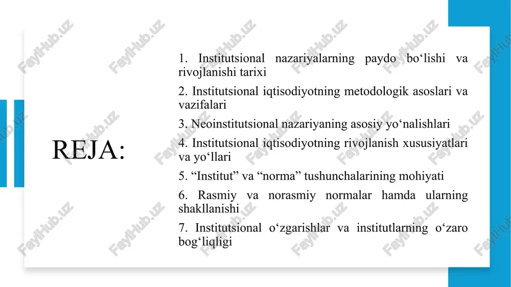 shakllanishini matematik asosda tushuntirish zarur edi. asosiy vakillari: léon walras, alfred marshall, vilfredo pareto, william stanley jevons. institutsional iqtisodiyot (xx asr boshlari) xx asr boshida monopoliyalar paydo bo‘ldi, davlat aralashuvi kuchaydi, iqtisodiy inqirozlar yuzaga keldi. muammo: neoklassiklar faqat “oqilona odam” modeliga tayanib, ijtimoiy institutlar (qonun, madaniyat, siyosat)ni hisobga olmadi. paydo bo‘lish sababi: iqtisodiy qarorlarni tushuntirishda faqat matematik model yetarli emas, balki institutlar (qonunlar, odatlar, tashkilotlar, siyosiy tizimlar) ham muhim ekanini ko‘rsatish zarur edi. asosiy vakillari: thorstein veblen, john r. commons, wesley mitchell. institutsional maktabning bo‘linishi eski institutsional iqtisodiyot (klassik institutsionalizm) yondashuvi: iqtisodiy qarorlar jamiyatdagi odatlar, madaniyat, an’ana va ijtimoiy institutlar ta’sirida shakllanadi. metodi: tarixiy tahlil, empirik kuzatuv, sotsiologiya va siyosat bilan bog‘liq izohlar. narx madaniyat va urf-odatlar ta’sirida shakllanadi yangi institutsional iqtisodiyot (neoinstitutsional iqtisodiyot) yondashuvi: eski institutsionalizm g‘oyalarini davom ettiradi, lekin matematik va formal nazariya bilan tushuntiradi. metodi: tranzaksiya xarajatlari, mulk huquqlari, agentlik nazariy narx huquqiy-institutlar va tranzaksiya xarajatlari orqali …