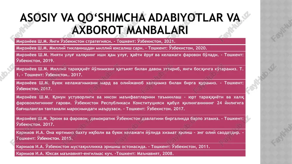 ni rivojlantirishning beshta ustuvor yo'nalishi bo'yicha harakatlar strategiyasi. – toshkent: ma'naviyat, 2017. mustaqil o'zbekiston tarixi. mas'ul muharrir a.sabirov. - toshkent: akademiya, 2013. noveyshaya istoriya uzbekistana. rukovoditel' proekta i redaktor: m.a.raximov. - toshkent: adabiyot uchqunlari, 2018. o'zbekiston tarixini o'rganishning nazariy-metodologik tamoyillari vatanimiz tarixini yoritishning, ya'ni o'rganishning quyidagi nazariy-metodologik taomyillarini bilish muhim ahamiyatga ega. o'zbekiston tarixini o'rganishning nazariy-metodologik tamoyillari o'zbekiston tarixining jahon tarixi bilan bog'liqligi insonparvarlik, vatanparvarlik , milliy istiqlol g'oyasiga asoslanish milliy qadriyatlar, xalq an'analari va urf-odatlari, diniy e'tiqodlar, turli ijtimoiy tabaqalar tarixiy-madaniy taraqqiyoti nuqtai nazaridan yondashuv tamoyili dialektik tarzda yondashuv manbalar bilan asoslanganlik ilmiylik tarixiylik xolislik ushbu metodlar tarixini yoritishning asosiy kaliti hisoblanadi. tarixni o'rganishning xolislik metodi bo'lib o'tgan jamiki voqea-hodisalarni hech bir o'zgarishlarsiz, qanday bo'lib o'tgan bo'lsa, o'sha holda talqin va tahlil etish, tekshirish va xulosalar chiqarib yaxlit holga keltirishni anglatadi. •vatanimiz tarixini o'rganishning uslubiy asoslaridan biri – bu voqea va hodisalarni dialektik tarzda o'rganishdir. dialektikada olam yagona va …