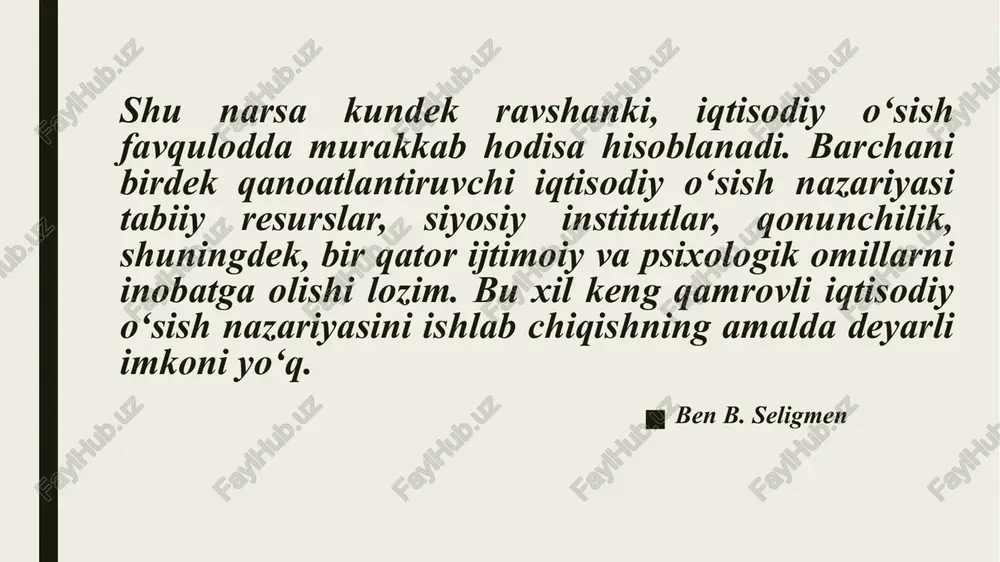 chi kuchining soni va malaka tarkibi bo‘yicha huddi o‘shancha korxonalar ko‘riladi. iqtisodiy o‘sishning intensiv turi sharoitida mahsulot chiqarish miqyoslarini kengaytirishga ishlab chiqarish omillarini sifat jihatidan takomillashtirish: yanada progressivroq ishlab chiqarish vositalarini va yangi texnikani qo‘llash, ishchi kuchi malakasini oshirish, shuningdek, mavjud ishlab chiqarish salohiyatidan yaxshiroq foydalanish yo‘li bilan erishiladi. 1.2. iqtisodiy o‘sishning ko‘rsatkichlari va omillari iqtisodiy o‘sish quyidagi qiymat ko‘rsatkichlarida hisoblanadi: 1.yamm (yaim), smm yoki milliy daromadning mutloq hajmi va ularning o‘sish sur’atlari. 2. yamm (yaim), smm yoki milliy daromadning aholi jon bosh hisobiga to‘g‘ri keladigan miqdori va uning o‘sish sur’atlari. 3.yamm (yaim), smm yoki milliy daromadning iqtisodiy resurs xarajatlari birligi hisobiga turli keladigan miqdori va uning o‘sish sur’atlari. iqtisodiy o‘sishni baholashda har uchala ko‘rsatkichdan ham foydalanish mumkin, lekin ularning ahamiyati turlicha. 1.2-jadval. o‘zbekiston milliy iqtisodiyoti tarmoqlari bo‘yicha yaim ulushining o‘zgarishi (joriy baholarda yaim ga % hisobida) № tarmoqlar yillar 2018 2019 2020 2021 1. yaim 100 100 100 100 …
