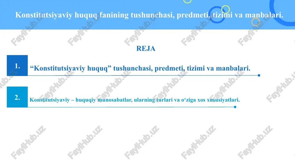 iy munosabatlarga oid nazariy qoidalar va amaliy ma’lumotlarning mantiqiy tizimi hamda o‘quv fanining mazmuni hisoblanadi. o‘quv kursi sifatida konstitutsiyaviy huquqning predmeti ijtimoiy munosabatlarning uch asosiy sohasini qamrab oladi: davlat va siyosiy hokimiyatning tuzilishi (hokimiyat munosabatlari); shaxs, jamiyat va davlat o‘rtasidagi munosabatlar. inson huquq va erkinliklarini muhofazalash (inson va davlat o‘rtasidagi munosabatlar); konstitutsiyaviy huquqning manbalari (shakllari) bo‘lmish normativ-huquqiy hujjatlar quyidagicha tasnif etiladi: o‘zbekiston respublikasining konstitutsiyasi; o‘zbekiston respublikasi prezidentining farmonlari, qarorlari, farmoyishlari; o‘zbekiston respublikasining qonunlari; o‘zbekiston respublikasi oliy majlisi palatalarining qarorlari; mahalliy davlat hokimiyati organlarining qarorlari. o‘zbekiston respublikasi vazirlar mahkamasining qarorlari; vazirliklar, davlat qo‘mitalari va idoralarining hujjatlari; konstitutsiyaviy-huquqiy munosabatlar nima? 1 1 3 2 konstitutsiyaviy-huquqiy normalarning amal qilishi natijasida vujudga keladigan, shakllanadigan va rivojlanadigan munosabatlar konstitutsiyaviy-huquqiy munosabatlar, deb ataladi. konstitutsiyaviy-huquqiy munosabat – konstitutsiya normalari bilan tartibga solingan ijtimoiy munosabat bo‘lib, uning mazmunini shu normada nazarda tutilgan subektlar o‘rtasidagi huquq va majburiyatlar orqali yuz beruvchi yuridik aloqadorlik tashkil etadi. jamiyatdagi munosabatlarni konstitutsiyaviy huquq …
