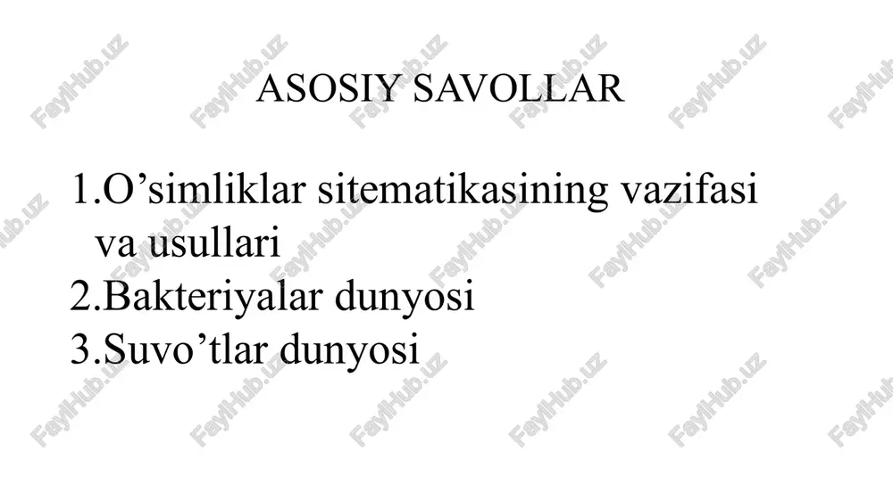 sini, turnefor (1656-1708) esa sistematik kategoriyalar - sinf, sessiya, turkumni (avlod) kiritdi. ayniqsa, shved tabiatshunosi k. linney (1707-1778) yaratgan sun‘iy sistema ancha mashhurlikka erishdi, o’zidan oldin o’tgan olimlarning sistemalarini takomillashtirdi. u o’zining «tabiat sistemasi» («systema naturae», 1735) nomli kitobida 3 ta olamni: minerallar, o’simliklar va hayvonot olamini qamrab olgan edi. o’simliklar sitematikasining vazifasi va usullari tabiiy sistemalar sun‘iy sistemalardan ancha farq qilib, bunda klassifikatsiyalashda ko’plab belgilarning o’xshashligi va farqlariga asoslangan. sistematik birliklarga biri-biriga o’xshash belgilarga ega bo’lgan organizmlar birlashtirildi. tabiiy sistemalar taksonlar haqida ko’proq belgilarga asoslanib, qimmatli ma‘lumotlar berishi bilan xarakterlanadi. shu bilan birga, ob‘ektni sistemadagi o’rniga qarab hali o’rganmasdan turib ham uning ayrim ehtimoliy belgi va xususiyatlari haqida fikr yuruitish mumkin. birinchi tabiiy sistemalar xviii asr oxirlarida paydo bo’ldi. fransuz olimli a.l.jyusse (1748-1836) boshlab berdi. natijada, jyusse ishlarini: fransiyada j.b. lamark (1744-1829) va paleobotanik a.t. bronyar (1804-1876), angliyada d. lindli (1799-1865), avstriyada s. endlixer (1804-1849), rossiyada p. goryaninov (1796-1805) …