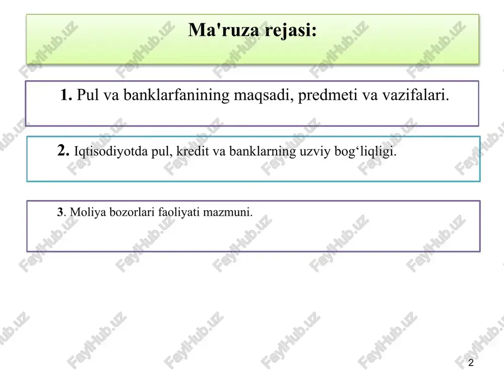 langanligi natijasida, ikki tomonloma ayirboshlash munosabatlari vujudga kela boshladi. bu davrda, kishilarda o‘ziga zarur bo‘lmagan buyumning o‘rniga nimadir olish evaziga, ikkinchi kishiga berishi lozimligini anglay boshladilar. pul yoki pul massasi- pul yoki pul massasi- tovar va xizmatlarga cheklovlarsiz ayirbosh qilinadigan, qarz majburiyatlarini qoplashda qo‘llaniladigan umumiy qabul qilingan to‘lov vositasi. pul massasining hajmi ko‘pchilik iqtisodiy ko‘rsatkichlar bilan bog‘liq hamda har birimizning va umumiy iqtisodiyotning farovonligida aks etadii. fanning ikkita yakunlovchi qismi iqtisodiyotda pullarning rolini o‘rganishga bag‘ishlangan. monetar siyosat va pullarni nima sababdan o‘rganamiz? 6 pul va iqtisodiy sikllar faktlar shundan dalolat beradiki, iqtisodiyotda tovar va xizmatlar hajmining kamayishi yoki ortishi orqali pullar iqtisodiy tsikllarini shakllantirishda asosiy rolni o‘ynaydi. iqtisodiy tsikllar har birimizning farovonligimizga ta‘sir ko‘rsatadi. masalan, ishlab chiqarish oshsa, ish topish oson bo‘ladi, aksincha, ishlab chiqarish pasaysa, ish topish qiyinlashishi mumkin. ushbu fanda pul va monetar siyosat qanday qilib iqtisodiyotga ta‘sir qilishi mumkinligini tadqiq qilamiz, shuningdek, pul miqdori va monetar siyosatdagi …
