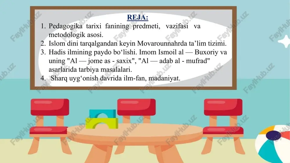 ng qonuniyatlari ham ob’ektiv xarakterga ega. ular ma’lum joyda, mamlakatda ayrim kishilar tomonidan ochilishi, kashf etilishi mumkin. lekin bu ob’ektiv qonuniyatlarning ta’sir doirasi juda keng bo’ladi, ayrim millat, mamlakat, mintaqa doirasi bilan cheklanmaydi. bu fan erishgan yutuqlar ham butun insoniyatga foyda keltirishi lozim. ma’rifatga doir g‘oyalarini va ularning rivojlanish jarayonini mukammal o‘rganadi.pedagogika tarixini o‘rganish o‘qituvchilarning faqat pedagogik madaniyatini oshiribgina qolmay, balki, shu bilan birga, ularga pedagogik maxoratni egallashga yordam beradi. shuningdek, o‘tmishning ta`lim-tarbiya sohasidagi eng yangi tajribalarini o‘rganadi, bu esa uning kundalik pedagogik faoliyatida yordam beradi, uni bevosita amaliy faoliyatga tayyorlaydi. pedagogika tarixi fani umumjaxon, shu jumladan markaziy osiyo xalqlari tarixidagi ma’naviyat va ta`lim-tarbiya faniga oid fikrlarni o‘zlashtirish uchun xizmat qilar ekan, bu fan o‘tgan avlodlarimiz qoldirgan boy pedagogik manbalarni va ularning milliy asoslarini o‘zlashtirishga qaratilgan bo‘lib, «pedagogika tarixi» bo‘lajak o‘qituvchilarga bilim beribgina qolmay, ularda milliy iftixor va g‘urur hissini ham tarbiyalaydi. nima uchun o`rganamiz? bu bizga nima beradi ? …