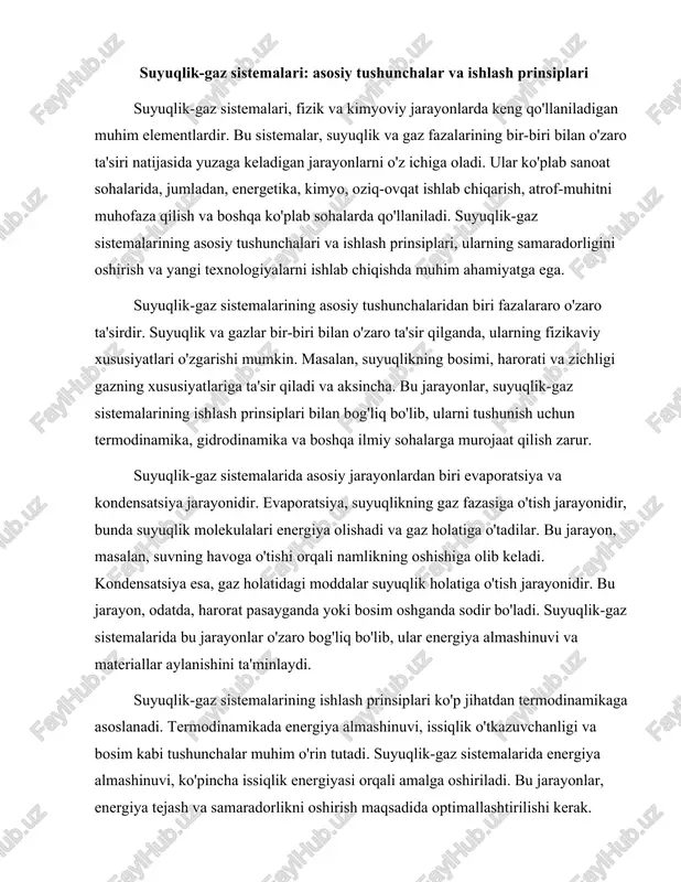 va materiallar aylanishini ta'minlaydi. suyuqlik-gaz sistemalarining ishlash prinsiplari ko'p jihatdan termodinamikaga asoslanadi. termodinamikada energiya almashinuvi, issiqlik o'tkazuvchanligi va bosim kabi tushunchalar muhim o'rin tutadi. suyuqlik-gaz sistemalarida energiya almashinuvi, ko'pincha issiqlik energiyasi orqali amalga oshiriladi. bu jarayonlar, energiya tejash va samaradorlikni oshirish maqsadida optimallashtirilishi kerak. termodinamik jarayonlar, suyuqlik-gaz sistemalarining samaradorligini oshirishda muhim rol o'ynaydi. suyuqlik-gaz sistemalarida ishlash jarayonida bosim va harorat o'zaro bog'liq. bosim, gazning zichligi va haroratiga ta'sir qiladi. ideal gaz qonuni, gazning bosimi, zichligi va harorati o'rtasidagi bog'liqlikni ifodalaydi. bu qonun, gazning xususiyatlarini tushunishda va suyuqlik-gaz sistemalarini optimallashtirishda muhim ahamiyatga ega. ideal gaz qonuni pv = nrt formulasi orqali ifodalanadi, bu yerda p - bosim, v - hajm, n - mol soni, r - gaz doimiysi, va t - haroratdir. bu formula yordamida gazning o'zgarishlari va suyuqlik-gaz sistemalarining ishlashini tahlil qilish mumkin. suyuqlik-gaz sistemalarida ishlash jarayonlari ko'p qirrali bo'lib, ularning samaradorligini oshirish uchun turli xil apparatlar ishlab chiqilgan. zamonaviy …