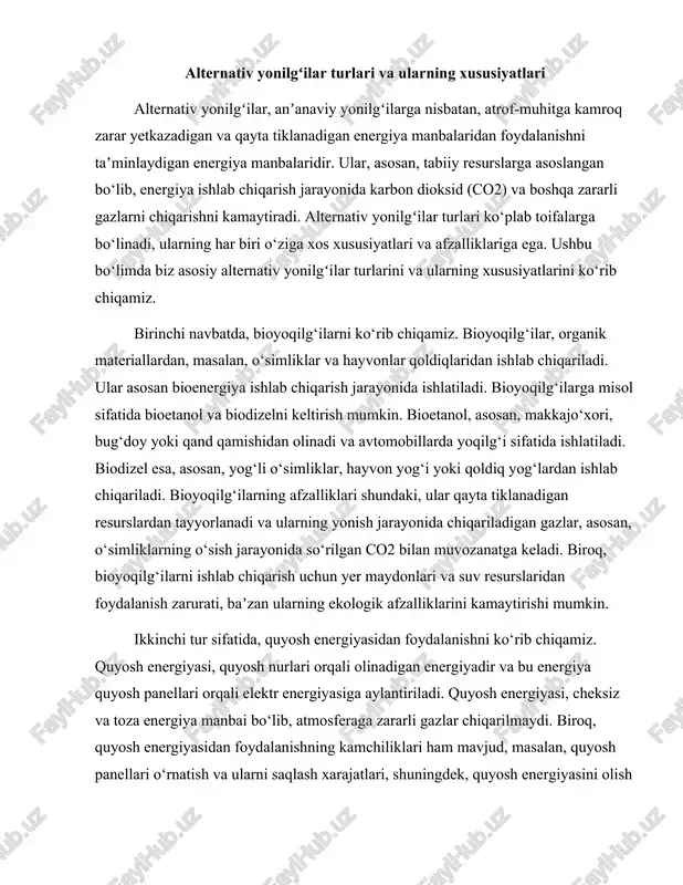 energiyasi, cheksiz va toza energiya manbai bo‘lib, atmosferaga zararli gazlar chiqarilmaydi. biroq, quyosh energiyasidan foydalanishning kamchiliklari ham mavjud, masalan, quyosh panellari o‘rnatish va ularni saqlash xarajatlari, shuningdek, quyosh energiyasini olish uchun zarur bo‘lgan joyning iqlim sharoiti. quyosh energiyasi, asosan, uy xo‘jaliklari va sanoat uchun elektr energiyasi ishlab chiqarish uchun ishlatiladi. uchinchi tur, shamol energiyasidir. shamol energiyasi, shamolning mexanik energiyasini elektr energiyasiga aylantirish orqali olinadi. shamol turbinasi yordamida shamol energiyasi ishlab chiqariladi va bu energiya elektr tarmoqlariga uzatiladi. shamol energiyasi, toza va qayta tiklanadigan energiya manbai sifatida qaraladi. u, shuningdek, atmosferaga zararli gazlar chiqarilmaydi. biroq, shamol energiyasining kamchiliklari, shamolning doimiyligi va turbinaning o‘rnatilishi uchun zarur bo‘lgan joyning iqlim sharoiti bilan bog‘liq. shamol energiyasi, asosan, shamol fermalarida ishlab chiqariladi va katta maydonlarni talab qiladi. to‘rtinchi tur sifatida, geotermal energiyani ko‘rib chiqamiz. geotermal energiya, yerning ichki qismidan olinadigan energiya bo‘lib, asosan, yer osti issiqligidan foydalanishga asoslanadi. geotermal energiya, issiqlik energiyasini elektr energiyasiga aylantirish …