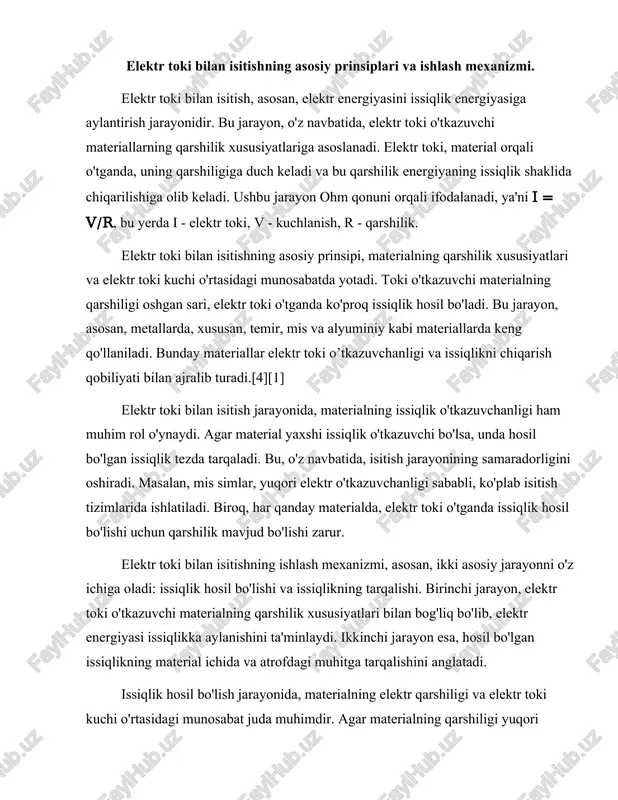 ergiyasi issiqlikka aylanishini ta'minlaydi. ikkinchi jarayon esa, hosil bo'lgan issiqlikning material ichida va atrofdagi muhitga tarqalishini anglatadi. issiqlik hosil bo'lish jarayonida, materialning elektr qarshiligi va elektr toki kuchi o'rtasidagi munosabat juda muhimdir. agar materialning qarshiligi yuqori bo'lsa, unda elektr toki o'tganda ko'proq issiqlik hosil bo'ladi. biroq, agar qarshilik juda past bo'lsa, unda hosil bo'lgan issiqlik minimal bo'ladi. shuning uchun, elektr toki bilan isitish tizimlarida materialning qarshilik xususiyatlarini to'g'ri tanlash muhimdir.[5][2] issiqlikning tarqalishi jarayonida esa, hosil bo'lgan issiqlik material ichida va atrofdagi muhitga qanday tarqalishini belgilaydi. agar material yaxshi issiqlik o'tkazuvchi bo'lsa, unda issiqlik tezda tarqaladi va isitish jarayoni samarali bo'ladi. biroq, agar materialning issiqlik o'tkazuvchanligi past bo'lsa, issiqlik tarqalishi sekinlashadi va isitish jarayoni samaradorligi kamayadi. bu jarayonni optimallashtirish uchun, ko'plab tizimlarda issiqlik izolyatsiyasi va boshqa texnologiyalar qo'llaniladi. elektr toki bilan isitish tizimlarining samaradorligini oshirish uchun, turli xil texnologiyalar va usullar ishlab chiqilgan. masalan, induktiv isitish, bu jarayon elektr maydon orqali …