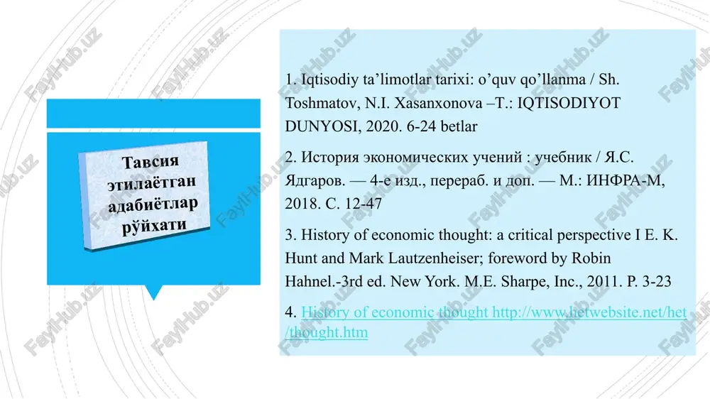 sodiy ta'limotlar tarixi” kishilik jamiyati taraqqiyotining turli bosqichlarida ilgari surilgan iqtisodiy qarash, g'oya, nazariya va ta'limotlar tarixiy nuqtai nazardan tadqiq etiladi "eskirgan nazariyalarni ular faqat inkor etilganligi sababli prinsipda ilmiy emas deyish mumkin emas" deb yozadi taniqli iqtisodchi t.kun. chunki, keyingi, nisbatan yangi qarashlar avvalgilar asosida, ularni qabul qilish, rivojlantirish yoki inkor etish natijasida paydo bo`lgan. ba'zi mutaxassislar faqat yangi nazariyalarnigina o`rganishni taklif etishadi, ammo, bu so`nggi nazariya avvalgi ko`p yillik ilmiy, amaliy tadqiqotlarning yakuniy xulosasi sifatida namoyon bo`ladi yoki bugun biz "yangi" degan fikr ma'lum vaqtdan keyin o`zgarishi mumkin. qadimgi arxeologik topilmalar, moddiy ne'matlar, qoyalaridagi chizmalar va xalq og'zaki ijodi namunalari qo'lyozmalar, davlat arboblari, olim, donishmand, mutafakkirlarning yozib qoldirgan kitoblari “iqtisodiy ta'limotlar tarixi” fanining o'rganish manbalari iqtisodiy ta'limotlar tarixi mustaqil fan sifatida eng qadimgi davrdan boshlab to hozirgi zamongacha vujudga kelgan asosiy iqtisodiy fikr, g'oya, qarash, nazariya va ta'limotlarni o'z ichiga oladi. evolyutsion (mavjud g'oyalarning yanada chuqurroq takomillashuvi); inqilobiy …