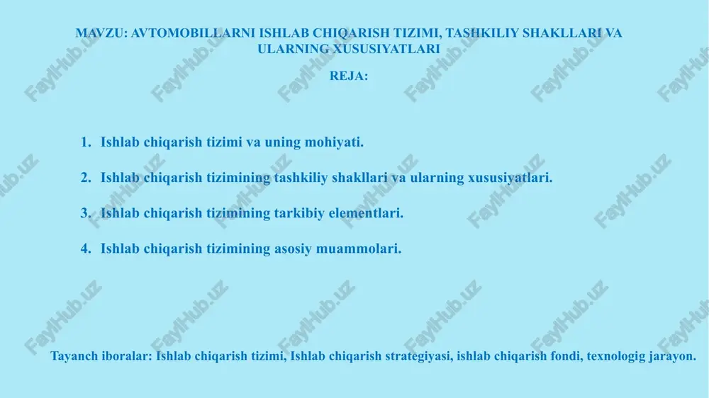 ablar xalqaro talablar milliy davlatchilik talablari istemolchilar talablari xalqaro xavfsizlik atrof muhit xalqaro sifat xalqaro standart milliy xavfsizlik milliy standart milliy sifat milliy atrof muhit muhofazasi qulay narx yuqori sifat kafolatlangan texnik va servis xizmati foydalanish xavfsizligi 2. ishlab chiqarish tizimining tashkiliy shakllari va ularning xususiyatlari ishlab chiqarish tizimining tashkiliy shakllkari muayyan sharoit uchun qabul qilingan ishlab chiqarish strategiyasiga bog‘liq. o‘z navbatida ishlab chiqarish strategiyasi transport vositasi va uning tarkibiy qismlarining ishlab chiqarish bopligi, eskirish jarayonining jadalligi, soni va ularning hududiy joylashishi, hamda ishlab chiqarish jarayonining mukammalligi va ishlab chiqarishning samaradorligi bilan belgilanadi. bu ko‘rsatkichlarni inobatga olgan holda transport vositasi va uning tarkibiy qismlarini ishlab chiqarish ning quyidagi: avtomobilsozlik ishlab chiqarish korxonalaridagi; avtotransport korxona va birlashmalardagi; avtosanoat zavodlarining maxsus texnik markazlardagi; ishlab chiqarish korxona va zavodlardagi tizimlarini shakllantirish mumkin. 3. ishlab chiqarish tizimining tarkibiy elementlari ishlab chiqarish tizimining faoliyati ko‘proq ehtimolliy xarakterga moil bo‘lgani uchun uning tarkibiy elementlarini shakllanishini murakkablashtiradi. …