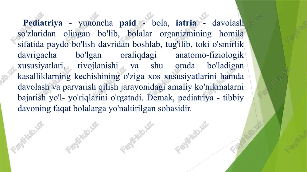 0 akusherlik oyi, 39-40 hafta yoki 270-280 kungacha) davom etadi: 1) embrional rivojlanish davri (embrion) – homiladorlikning dastlabki 3 oyi; 2) platsentar davr (homila) – 3 oylikdan boshlab tug’ilganga qadar; ii. bola tug’ilgandan keyingi davr: 1) chaqaloqlik davri – 3-4 haftalikkacha (28 kun); 2) go’daklik davri (emizikli yoki kichik yasli yoshi) – 4 haftalikdan 12 oylikkacha; 3) sut ishlari davri: a) maktabgacha tarbiya yoshidan oldingi davr (katta yasli yoshi) – 1-3 yosh; b) maktabgacha tarbiya yoshi davri – 3 yoshdan 6 yoshgacha; 4) o’smirlik davri (kichik maktab yoshi) – 7 yoshdan 11 yoshgacha; 5) balog’atga yetish davri (katta maktab yoshi) – 12 yoshdan 17 yoshgacha; bolalarga va o’smirlarga davolash-profilaktik yordam ko’rsatishning zamonaviy tamoillari. oxirgi o’n yillikda erta yoshdagi bolalar parvarishida o’zgarishlar yuz berdi. ibtidoiy marli va bintlar o’rniga bolalar gigienik salfetkalari, tamponlar, elektron tarozilar, termometrlar, o’yinchoqlar, bolalar tish cho’tkalari, issiganlik darajasini ko’rsatadigan idishlar, antivakum effektiga ega so’rg’ichlar, nazal aspiratorlar, bolalar …