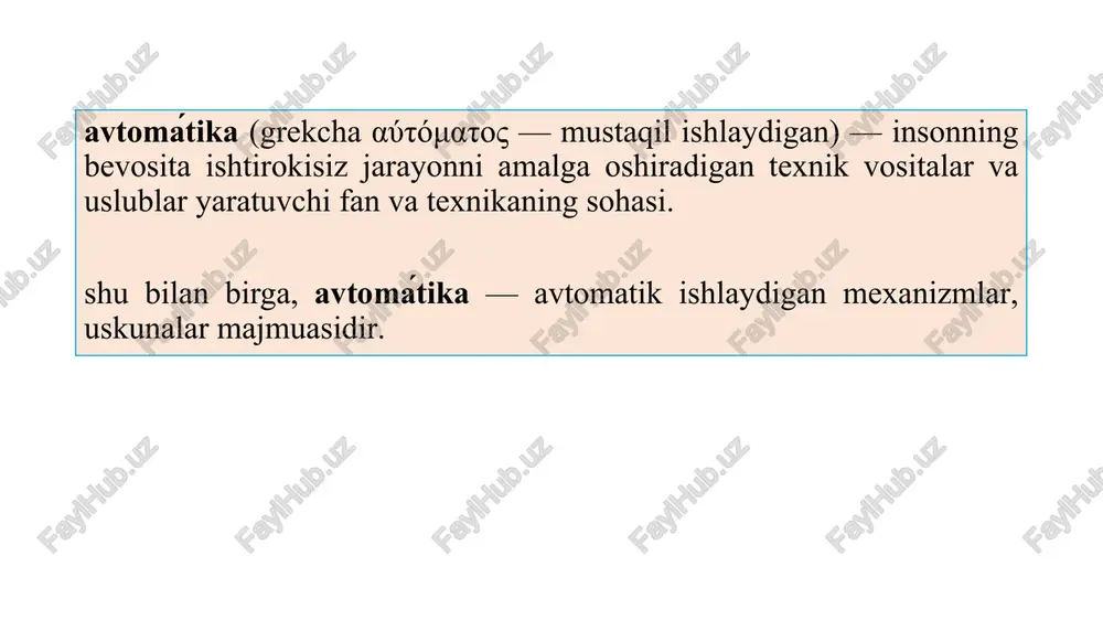 h qonuniga muvofiq o'ektga boshqaruvchi ta'sir etadigan qurilma 2. avtomatik boshqarish avtomaticheskoe upravlenie boshqarish jarayonida hamma ish turlari avtomatik sistemalar tomonidan bajariladi, odam ishtirok etmaydi 3. avtomatika avtomatika ishlab chiqarish jarayonining avtomatik boshqarish sistemalari va vositalarini yaratish asoslari va nazariyasini o'zichiga oladigan fan va texnika sohasi 4. avtomat – avtomat avtomat energiya, material va axborotlarni olish, uzatish va foydalanish jarayonlarini o'z-o'zicha mustaqil, berilgan dasturga muvofiq, odamning ishtirokisiz amalga oshiradigan qurilma (mashina, apparat, asbob, sistema) 5. avtomatlashtirish avto­matizasiya energiya, material va axborot olish, uzatish va foydalanish jarayonlarida mashina, apparatlar, boshqarish, rostlash, himoya, kuzatish va boshqa avtmatik sistemalarning qo'llanishi avtomatlashtirish deb ataladi 6. avtomat tizim avtomaticheskaya sistema ma'lum bir vazifani inson ishtirokisiz bajarish uchun jamlangan qismlar majmuasi, yaxlitligi 7. avtomatlashtirilgan tizim avtomatizirovannaya sistema ma'lum bir vazifani insonning qisman ishtiroki bilan bajarish uchun jamlangan qismlar majmuasi, yaxlitligi zamonaviy avtomobildagi avtomat va avtomatlashtiradigan tizimlar avtomobildagi asosiy avtomat tizimlar bloklaridan can (angl. controller area network …