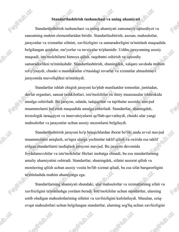 ashda muhim ahamiyatga ega. standartlarning ahamiyati shundaki, ular mahsulotlar va xizmatlarning sifati va xavfsizligini ta'minlashga yordam beradi. iste'molchilar uchun standartlar, ularning sotib oladigan mahsulotlarining sifatini va xavfsizligini kafolatlaydi. masalan, oziq-ovqat mahsulotlari uchun belgilangan standartlar, ularning sog'liq uchun xavfsizligini ta'minlashga yordam beradi. shuningdek, standartlar ishlab chiqaruvchilarga o'z mahsulotlarini yaxshilash va raqobatbardoshligini oshirish imkonini beradi. standartlashtirish jarayoni, shuningdek, iqtisodiy samaradorlikni oshirishga yordam beradi. mahsulotlar va xizmatlar uchun belgilangan standartlar, ishlab chiqarish jarayonini optimallashtirishga yordam beradi, bu esa xarajatlarni kamaytiradi va foyda olish imkoniyatlarini oshiradi. standartlar, shuningdek, xalqaro savdoda muhim rol o'ynaydi, chunki ular mamlakatlar o'rtasida tovarlar va xizmatlar almashinuvi jarayonida muvofiqlikni ta'minlaydi. bu esa, o'z navbatida, global iqtisodiyotning barqarorligini ta'minlashga yordam beradi. standartlashtirishning yana bir muhim jihati shundaki, u innovatsiyalarni rag'batlantiradi. yangi texnologiyalar va mahsulotlar ishlab chiqishda standartlar, yangi yechimlar va innovatsiyalarni qo'llab-quvvatlash uchun asosiy mezonlarni belgilaydi. shu bilan birga, standartlar, tadqiqot va rivojlanish jarayonlarida o'zaro hamkorlikni kuchaytiradi, bu esa yangi g'oyalar …