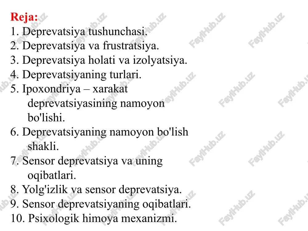 evatsiya belgilari mumkin bo'lgan buzilishlarning butun spektrini qamrab olishi mumkin: oddiy hissiy rasmdan tashqariga chiqmaydigan engil g'alati narsalardan, juda qo'pol rivojlanish lezyonlari aql va shaxsiyat". deprevatsiya holati - bu muhim ruhiy ehtiyojlarni qondirish imkoniyati bo'lmagan odamning hayotiy holati 2. deprevatsiya va frustratsiya frustratsiya (umidsizlik)-bu ehtiyojni qondirishda muvaffaqiyatsizlikka uchragan va turli xil salbiy tajribalar bilan kechadigan ruhiy holat: umidsizlik, asabiylashish, xavotir va boshqalar. frustratsiya: birinchidan, hozirgi paytda amalga oshirilgan va allaqachon maqsadga yo'naltirilgan ehtiyoj haqida; ikkinchidan, sub'ekt tomonidan uni qondirishning mumkin emasligini anglash bilan tavsiflanadi. deprevatsiya bir muncha vaqt qisman yoki hatto to'liq tushunilmasligi mumkin. uning salbiy oqibatlari turli sabablar bilan bog'liq bo'lishi mumkin. shunday qilib, odam, masalan, paydo bo'lgan depressiyani hissiy stimullarning etishmasligi bilan bog'lamasligi mumkin. deprevatsiyadan frustratsiya nisbati deprevatsiya frustratsiyaga qaraganda ko'proq yashirin ishlaydi, lekin ko'pincha jiddiy oqibatlarga olib keladi. 3. deprevatsiya holati va izolyatsiya ushbu jihatda shaxsni insoniyat jamiyati, oilasi va boshqalarning rag'batlantiruvchi muhitidan "ajratish", “deprevatsiya“ning o'zi emas, …
