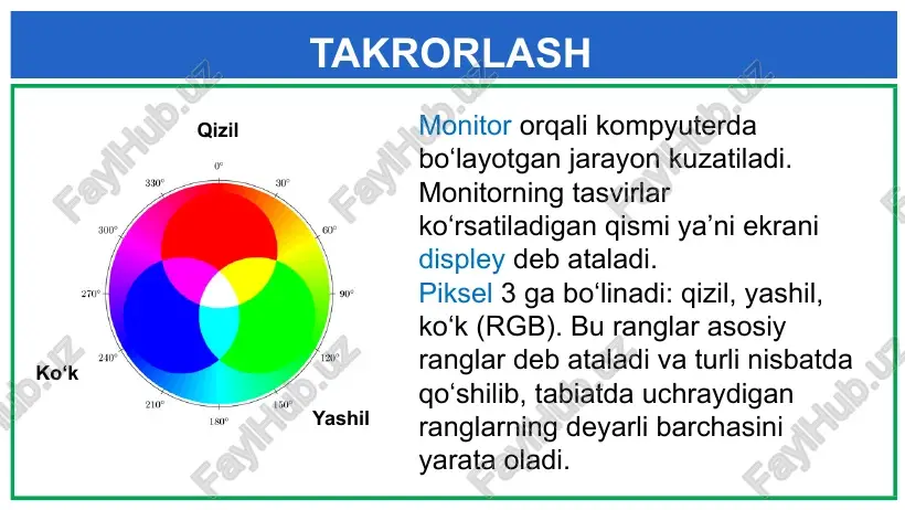 otoapparatlar va telefonnig fotokameralarida yaratiladi. kompyuter ekraning tasvirdan nusxa olinganida ham rastrli tasvir paydo bo‘ladi. printerda chop etilgan tasvirlar ham rastrlar orqali yaratiladi. rastrli tasvirning o‘lchami deganda undagi ustunlar va satrlar soni tushuniladi. masalan, 3200*2400 o‘lchamli tasvirda 7 million 680 mingta piksel bor. rastrli grafikaning afzalliklari: har qanday tasvirni saqlay olishi, tasvirning sifatli bo‘lishi, deyarli barcha qurilmalarning u bilan ishlay olishidir. kamchiliklari: uni saqlash uchun katta hajmdagi xotira kerakligi, masshtabi kattalashtirilganida tasvir sifati pasayishi, ba’zi amallarni bajarish ko‘p hisob - kitoblar talab qilishidir. shunga qaramay, rastrli grafika kompyuter grafikasining barcha sohalarida keng qo‘llaniladi. vektor grafikasida tasvir oddiy shakllarning yig‘indisi ko‘rinishida ifodalanadi. bu grafikada tasvir yaratilgandan keyin ham o‘zgartirishning imkoni bo‘ladi. ularni saqlaganda juda kam joy oladi, tasvirni masshtabini kattalashtirilganida ham sifati o‘zgarmaydi. vektorli grafika vektor grafikasidan chizmalar va animatsiyalar yaratishda keng foydalaniladi. xatto biz foydalaniladigan dasturlardagi barcha shriftlar vektor grafikasi asosida yaratilgan va uning sifati juda yuqori. fraktal so‘zi lotincha …