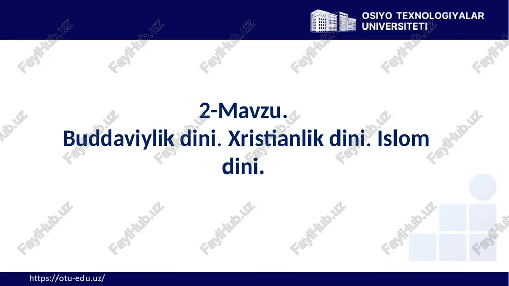 qqa tarqalgan. iii asrga kelib dunyoviy jamiyat (imperator ashoka)ning faol qo'llab-quvvatlashi natijasida mulkchilik darajasida yagona bo'lgan budda tashkiloti (monaxlik jamoasi – singxa) va diniy aqidachilik shakllangan. kushonlar imperiyasida buddizm davlat dini sifatida rivojlangan va bu dinning markaziy osiyo va hindistonda keng tarqalishida muhim o‘rin tutgan. kushonlar milodiy i–iii asrlarda hukmronlik qilgan kuchli imperiya bo‘lib, ular o‘rta osiyo, afg‘oniston va shimoliy hindiston hududlarini o‘z ichiga olgan yirik davlat barpo etishgan. bu imperiya savdo yo‘llari, madaniy almashinuvlar, va turli dinlarning bir-biri bilan aralashgan markazi bo‘lgan. 2.1. buddaviylik dinining paydo bo‘lish tarixi, asosiy ta'limotlari. 2.1. buddaviylik dinining paydo bo‘lish tarixi, asosiy ta'limotlari. "tripitaka" (sanskrit tilidan tarjimasi “uch savat” degan ma’noni anglatadi) buddizmning muhim diniy matnlar to‘plamidir. tripitaka buddizmning eng qadimgi kanon matnlaridan bo‘lib, u “pali kanoni” deb ham ataladi, chunki u asosan pali tilida yozilgan. ushbu matnlar buddaning o‘gitlari va ta’limotlari bilan bir qatorda, uning shogirdlarining hayoti va o‘sha davr jamiyatiga oid turli …